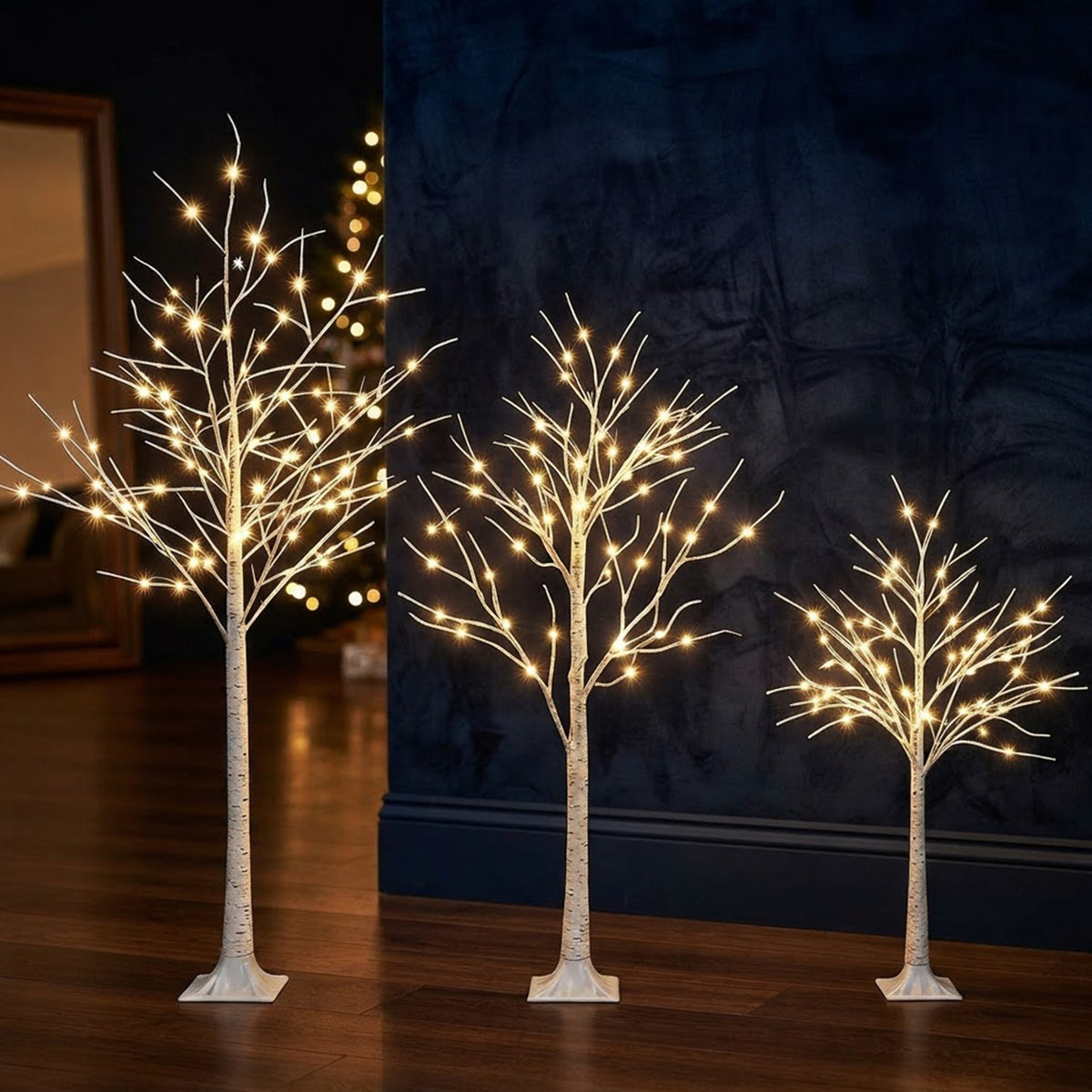 Pre-Lit Birch Christmas Tree Set of 3 1.3/1.6/1.9M 216 Warm White LED Lights