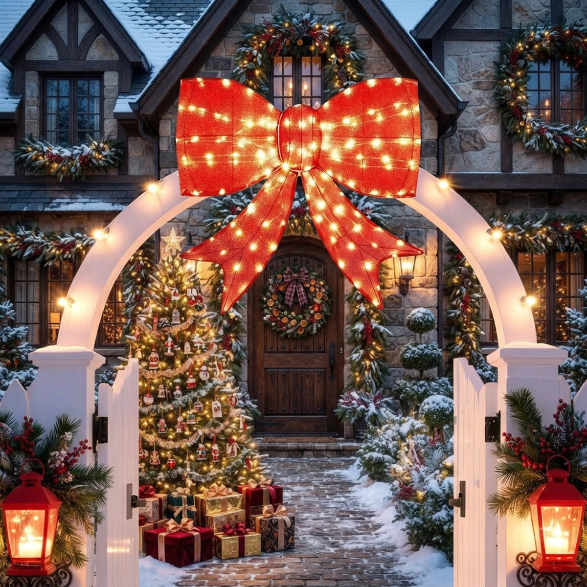 Pre-Lit Christmas Bow Decoration 93cm 150 Warm White LED Lights Outdoor Red