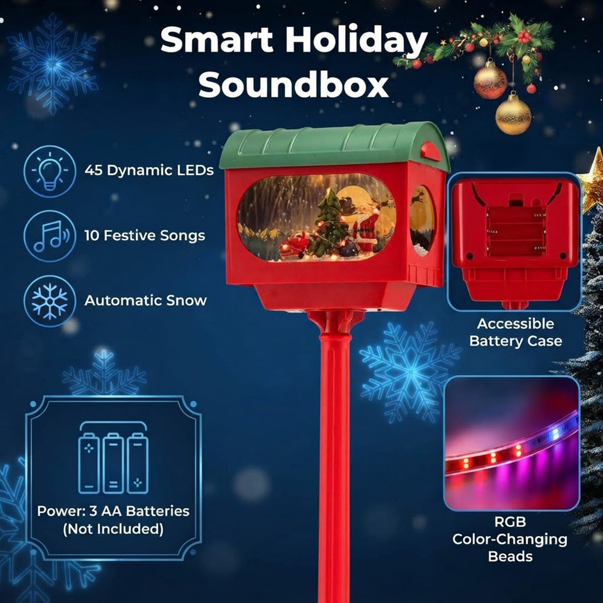 Musical Christmas Street Lamp 148cm 45 LED Santa Snow Globe Sound Tap Activated