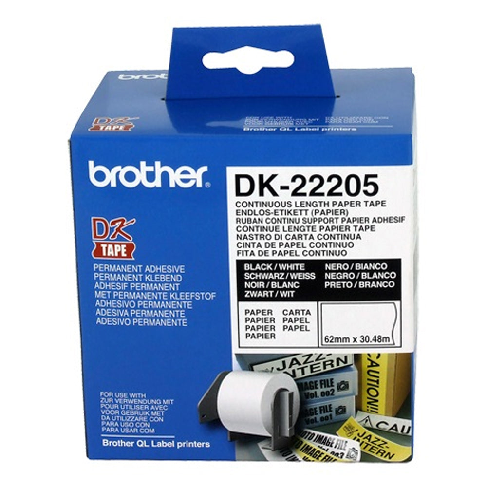 Brother Continuous Length Paper Tape Roll for QL Label Printers Permanent Adhesive Black on White 62mm x 30.48m