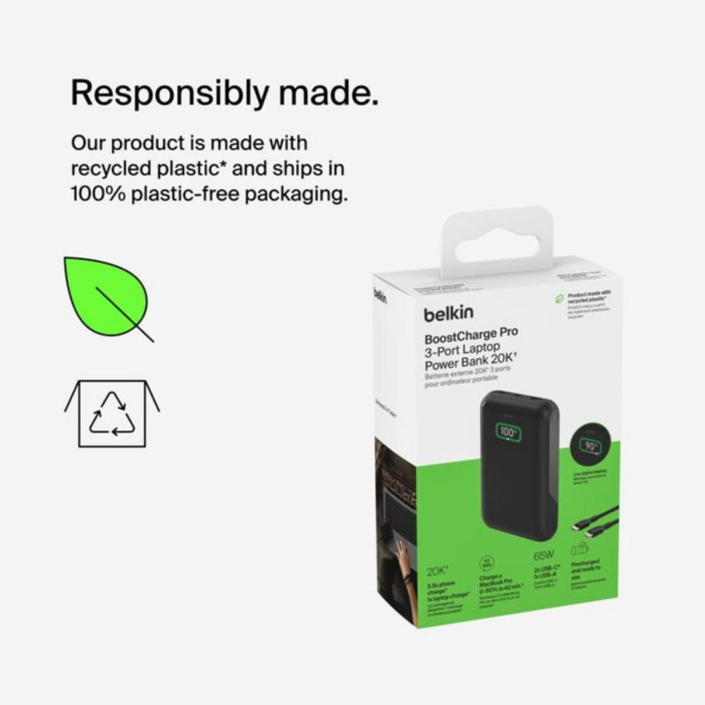 Belkin BoostCharge 65W Pro 3-Port Laptop Power Bank 20K - Black