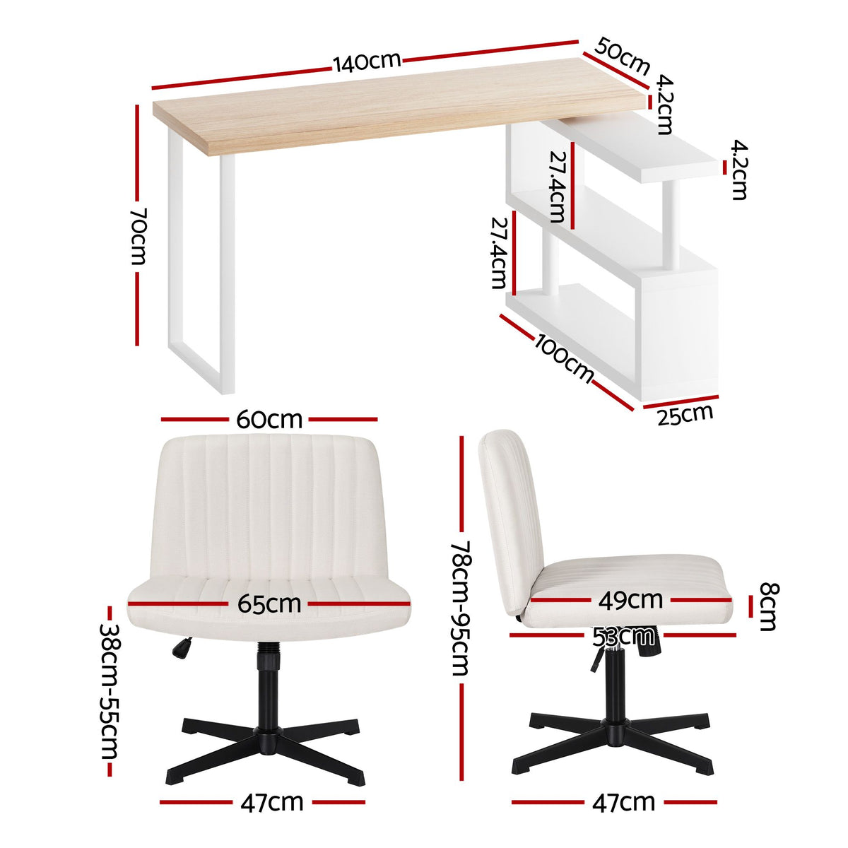 Artiss Home Office Desk Chair Set 140cm Computer Desk Bookshelves Armless Chairs