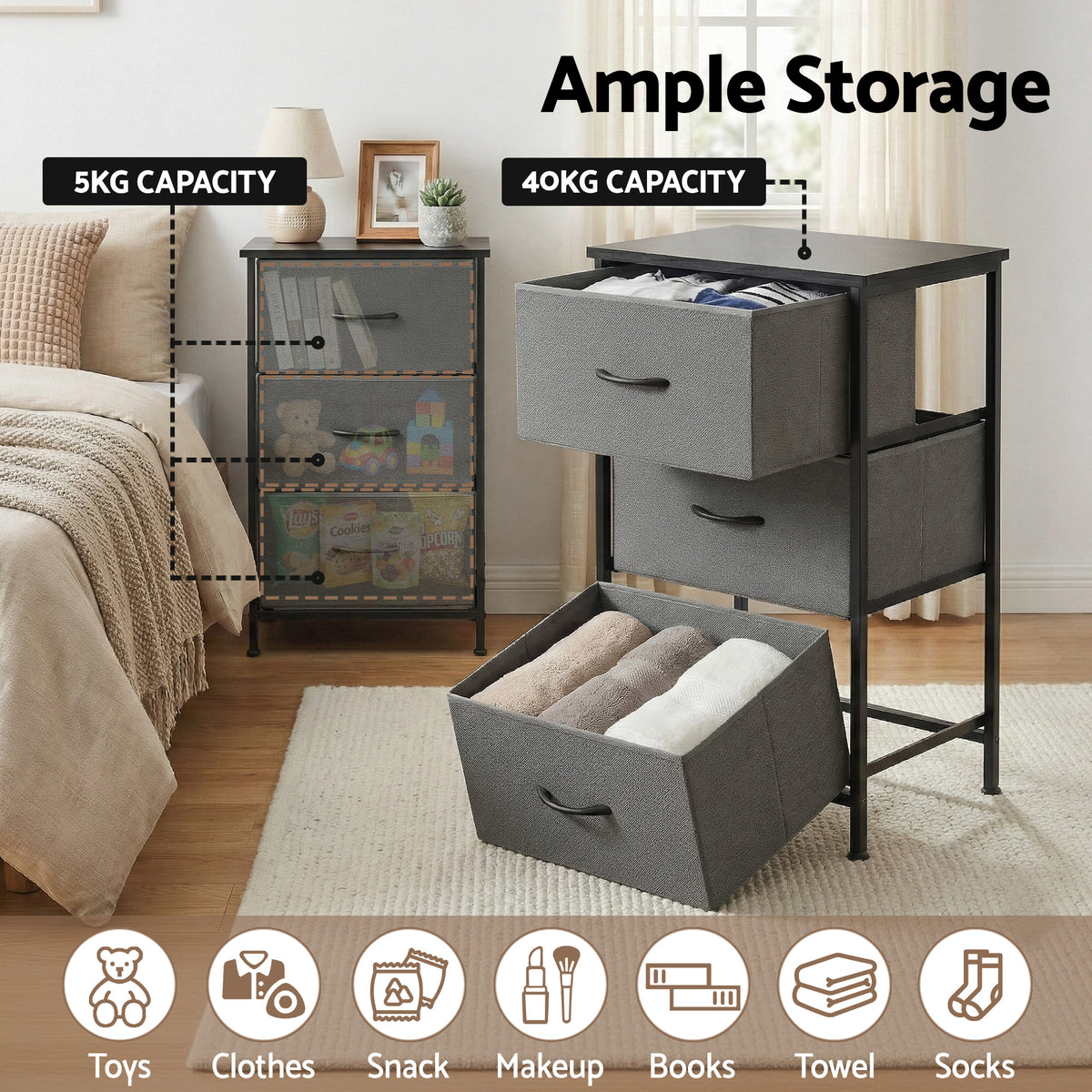 Artiss Set of 2 Chest of 3 Drawers Storage Dresser Tallboy Grey