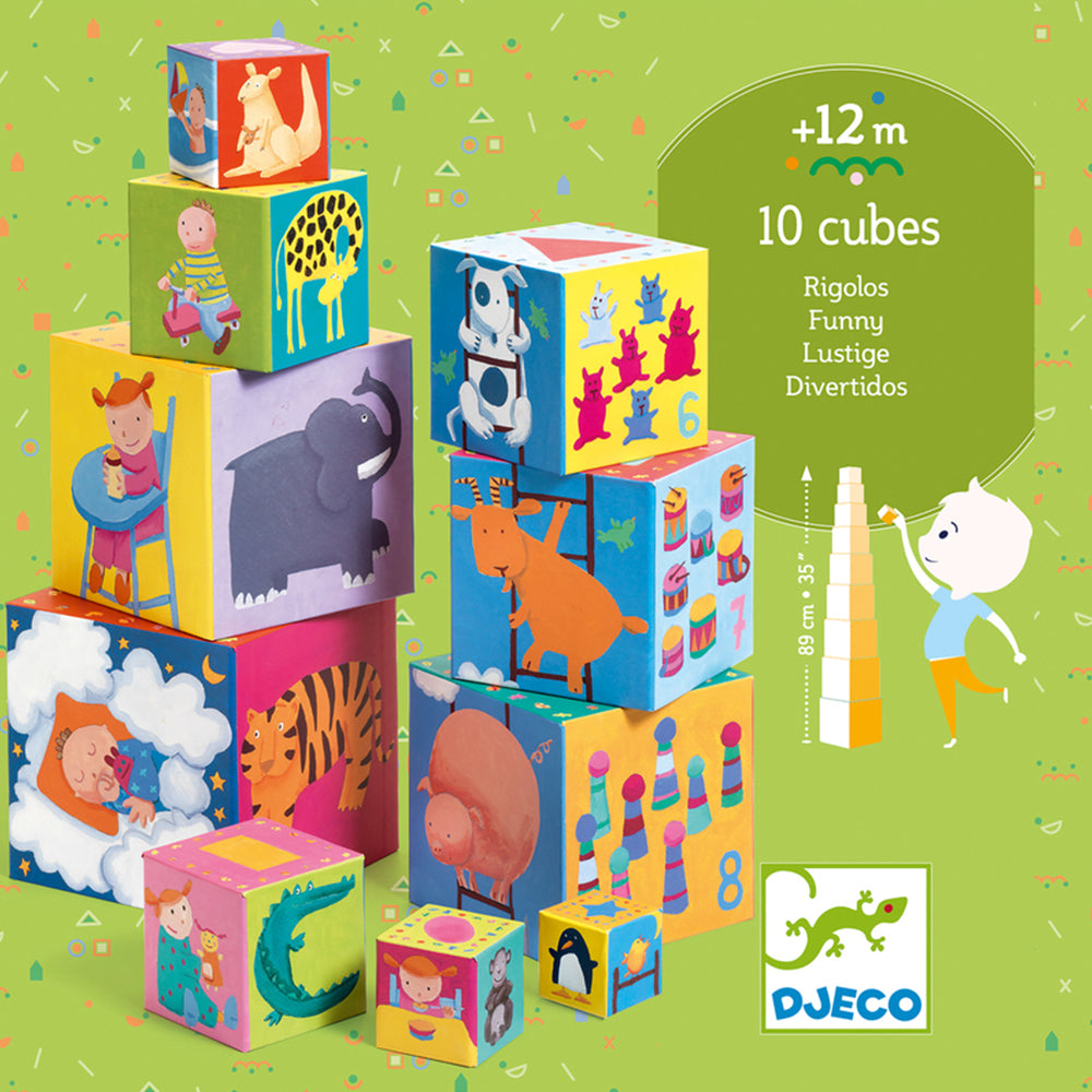Djeco Funny Blocks Stacking Cubes High Gloss Cardboard Toddler Toy 12 Months+