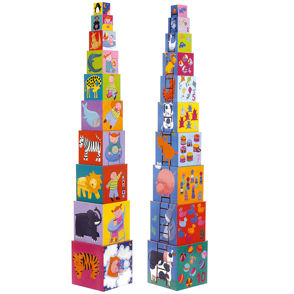 Djeco Funny Blocks Stacking Cubes High Gloss Cardboard Toddler Toy 12 Months+