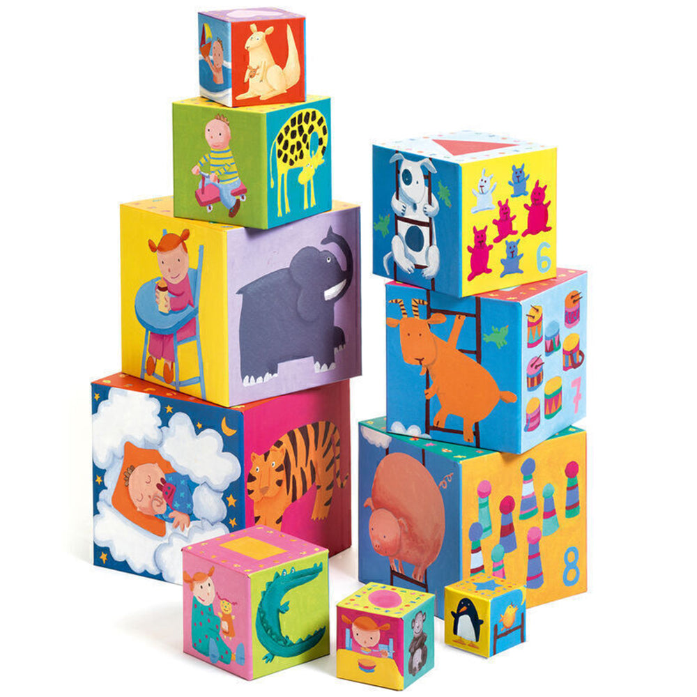 Djeco Funny Blocks Stacking Cubes High Gloss Cardboard Toddler Toy 12 Months+