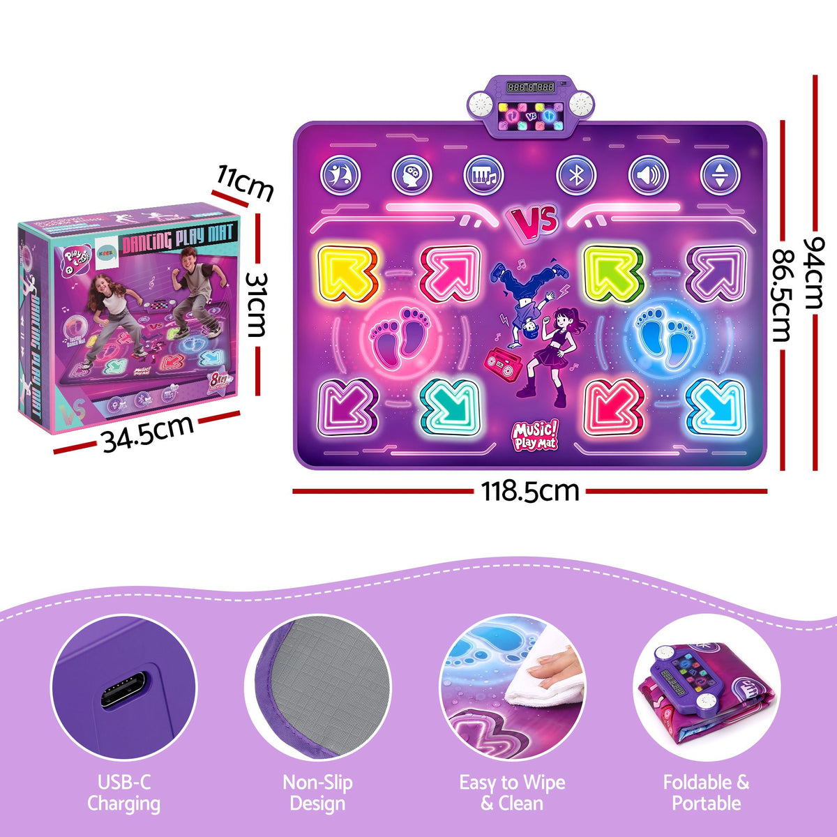 Keezi Double Player Dance Mat Rechargeable Bluetooth 4 Modes LED