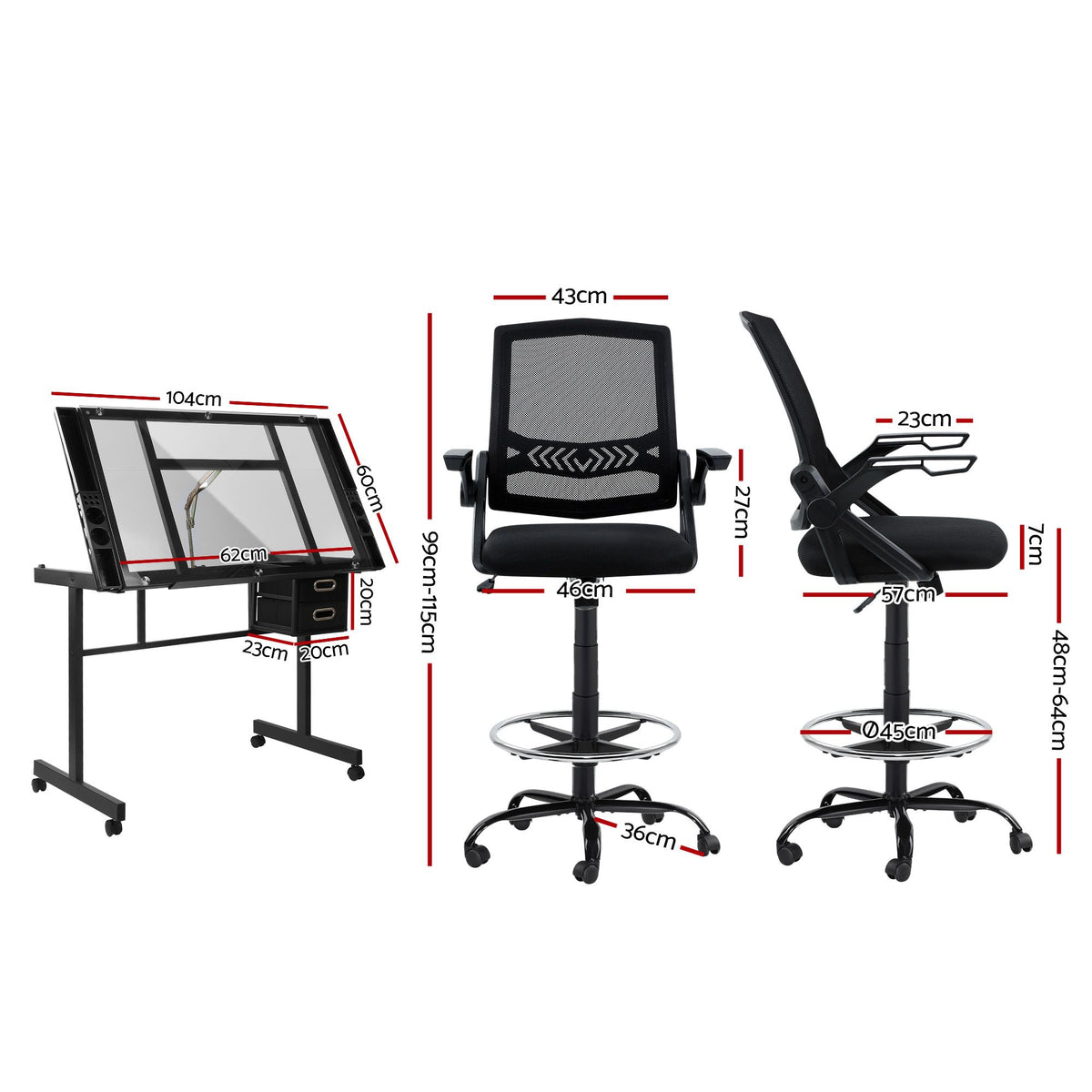 Artiss Drawing Table with Ergonomic Office Chair, Drafting Tables with Tempered Glass Desktop, Removable Drawers, Drafting Stool with Height Adjustable