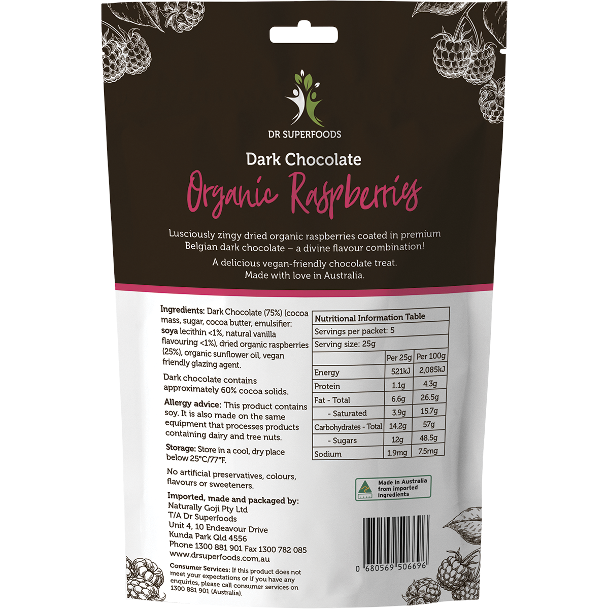 Dr Superfoods Raspberries Organic Dark Chocolate 125g