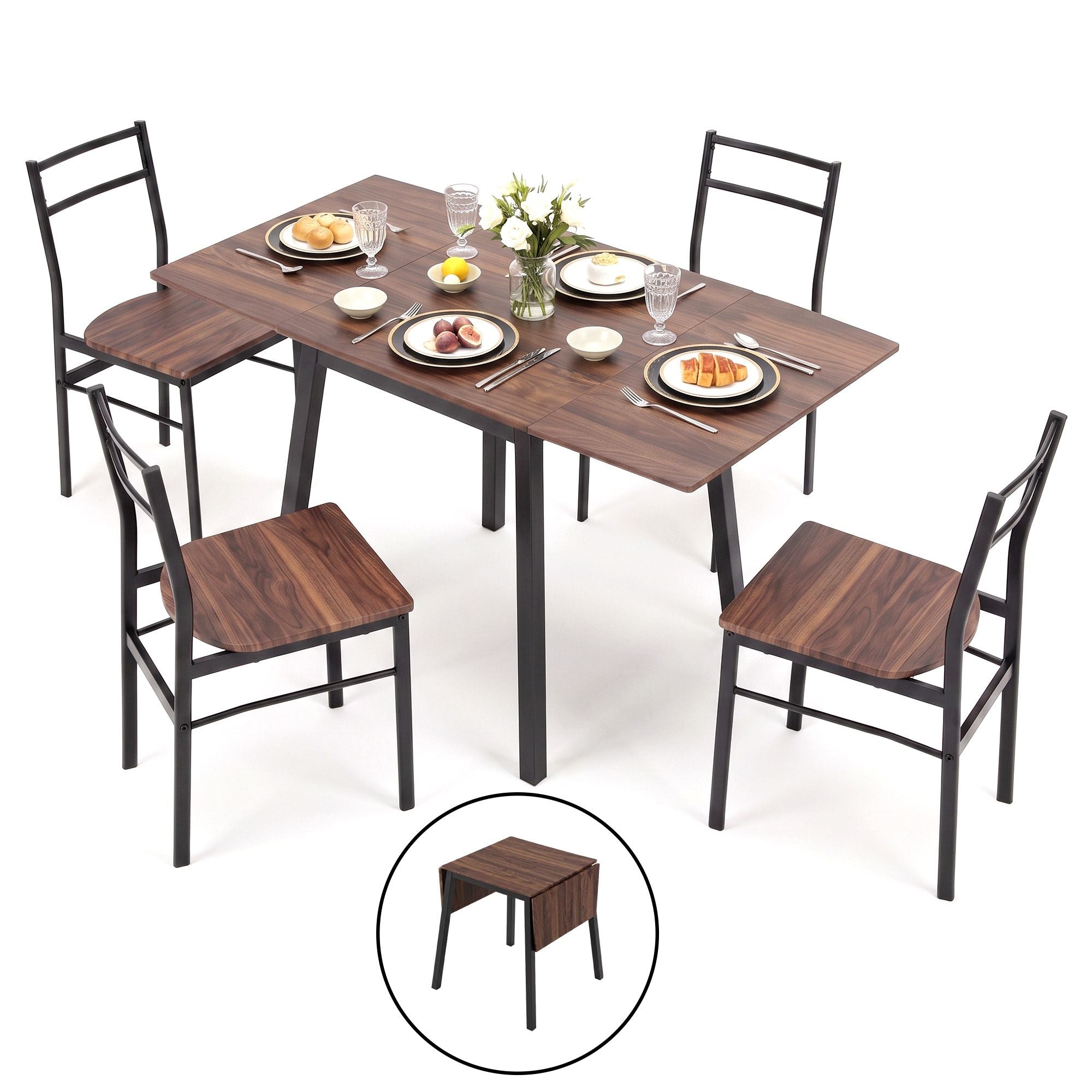 Artiss Dining Table and Chairs Set 5pcs Extendable 60-120cm Drop-Leaf Brown