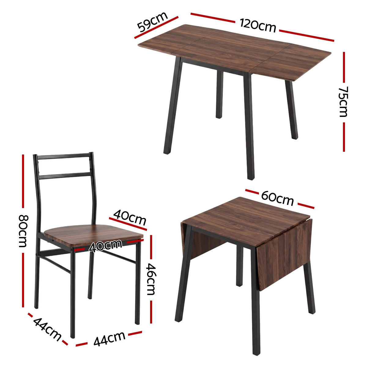 Artiss Dining Table and Chairs Set 5pcs Extendable 60-120cm Drop-Leaf Brown