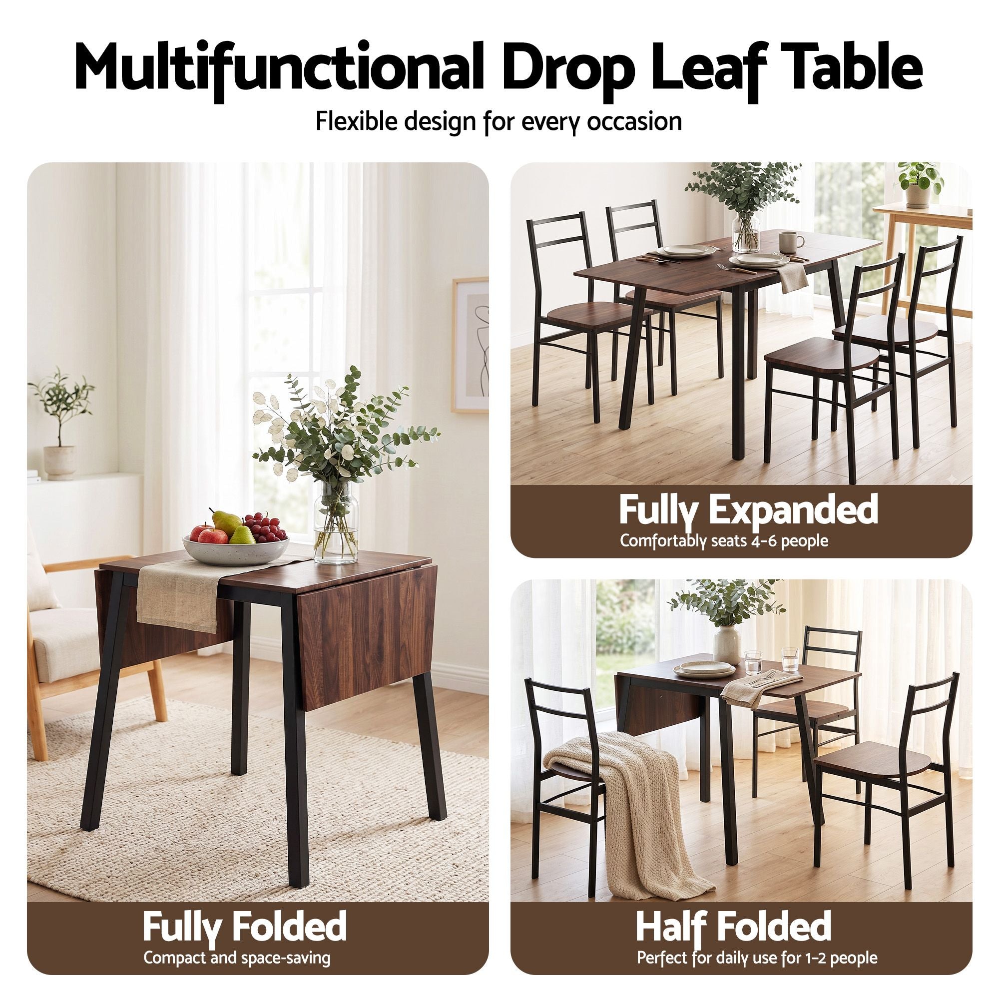 Artiss Dining Table and Chairs Set 5pcs Extendable 60-120cm Drop-Leaf Brown