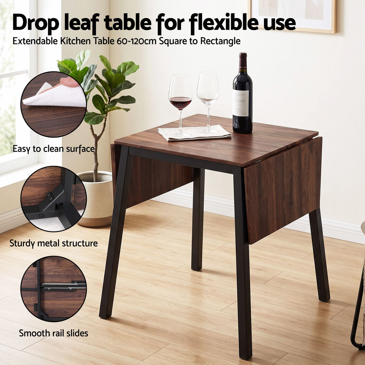 Artiss Dining Table and Chairs Set 5pcs Extendable 60-120cm Drop-Leaf Brown
