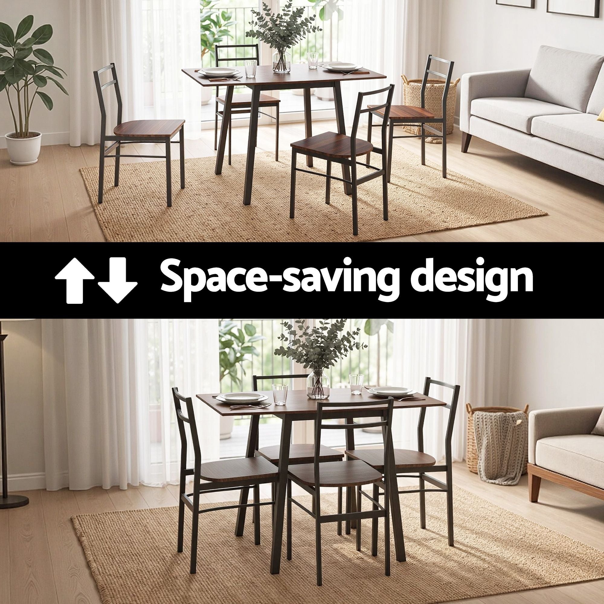 Artiss Dining Table and Chairs Set 5pcs Extendable 60-120cm Drop-Leaf Brown
