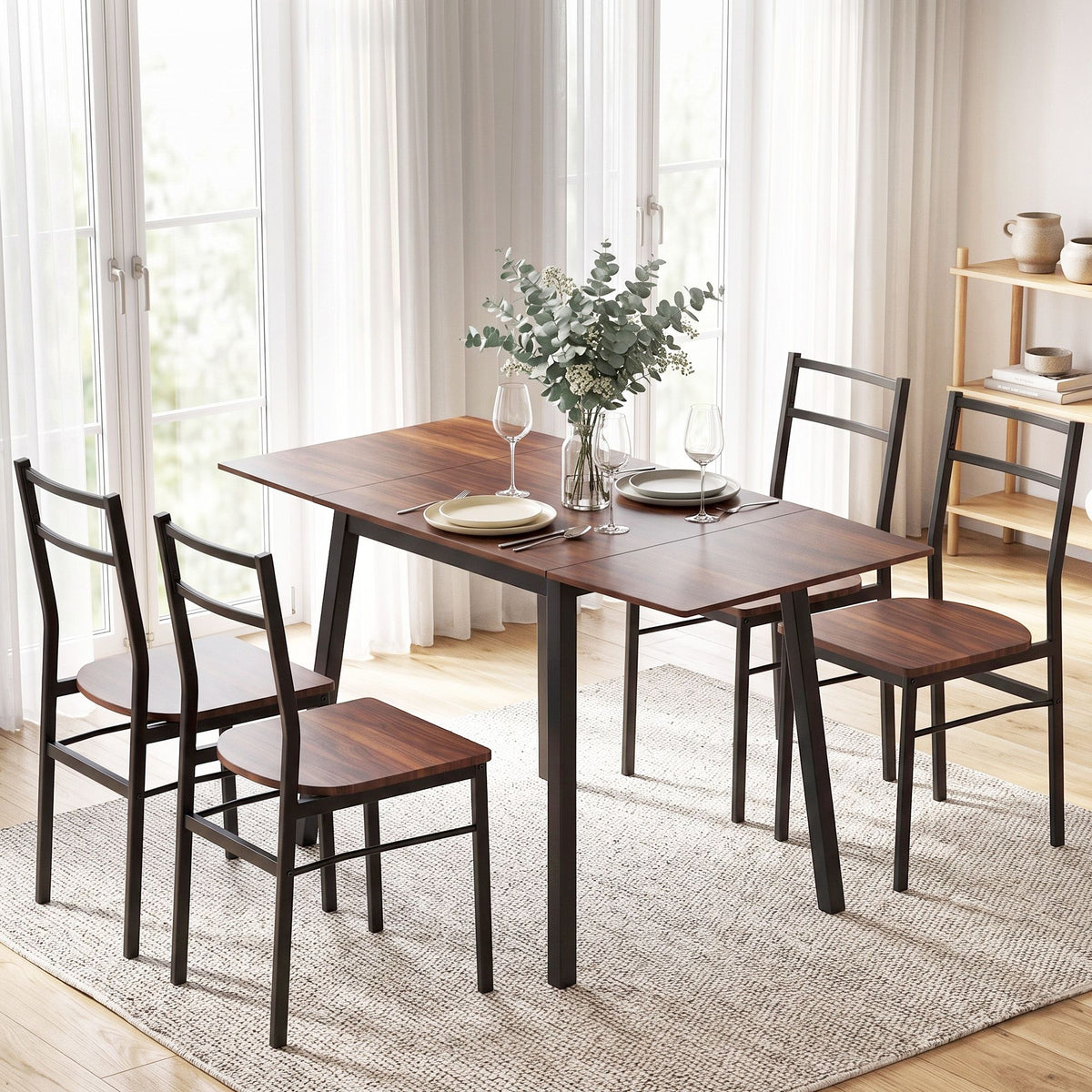 Artiss Dining Table and Chairs Set 5pcs Extendable 60-120cm Drop-Leaf Brown