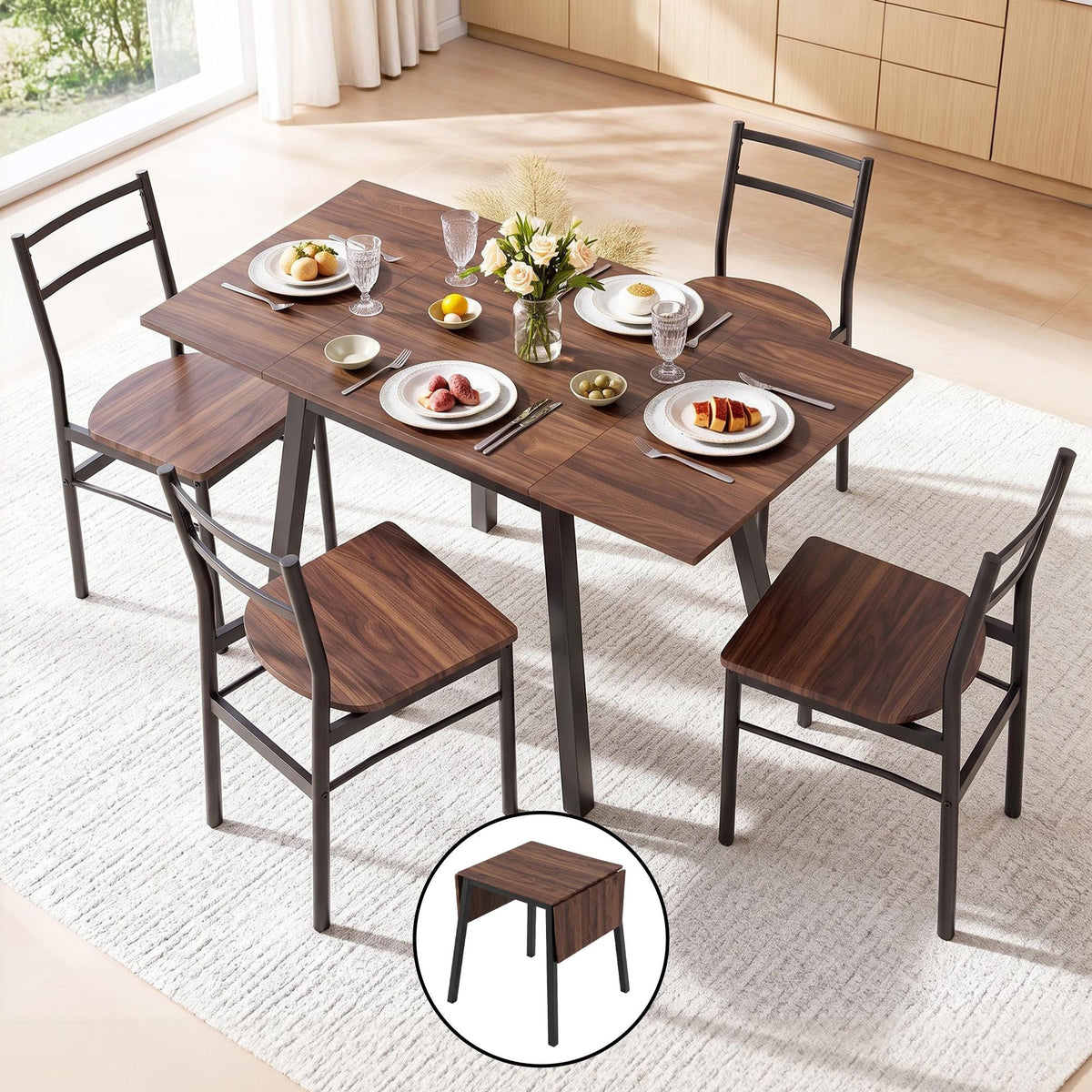 Artiss Dining Table and Chairs Set 5pcs Extendable 60-120cm Drop-Leaf Brown