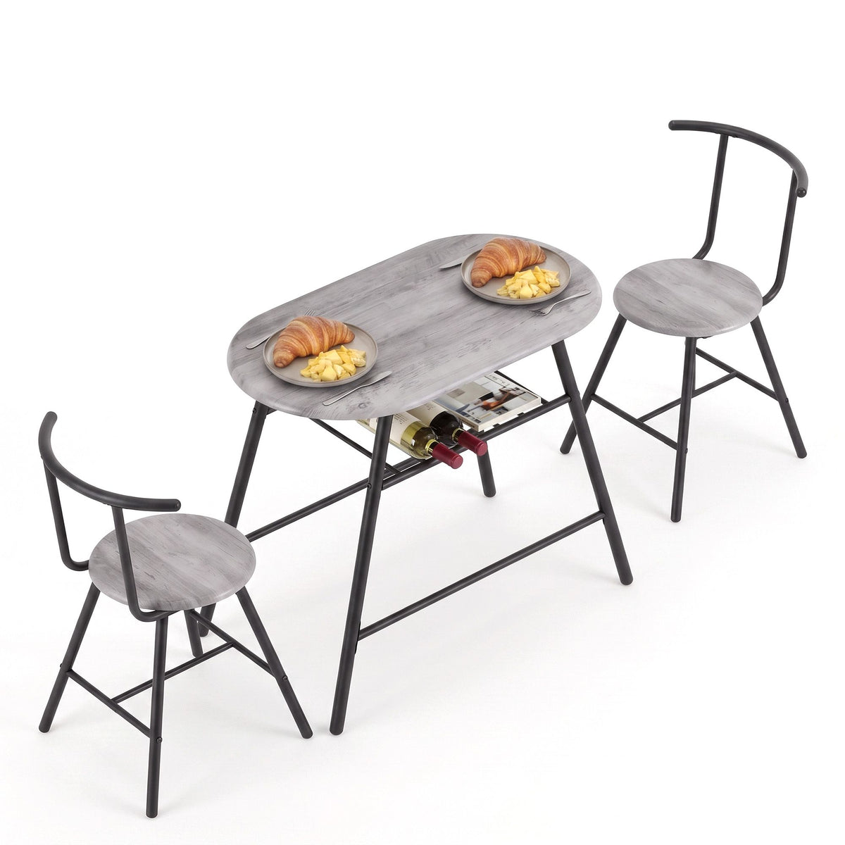 Artiss Oval Dining Table Set 3PC Space-Saving Bistro Kitchen Wine Rack Grey