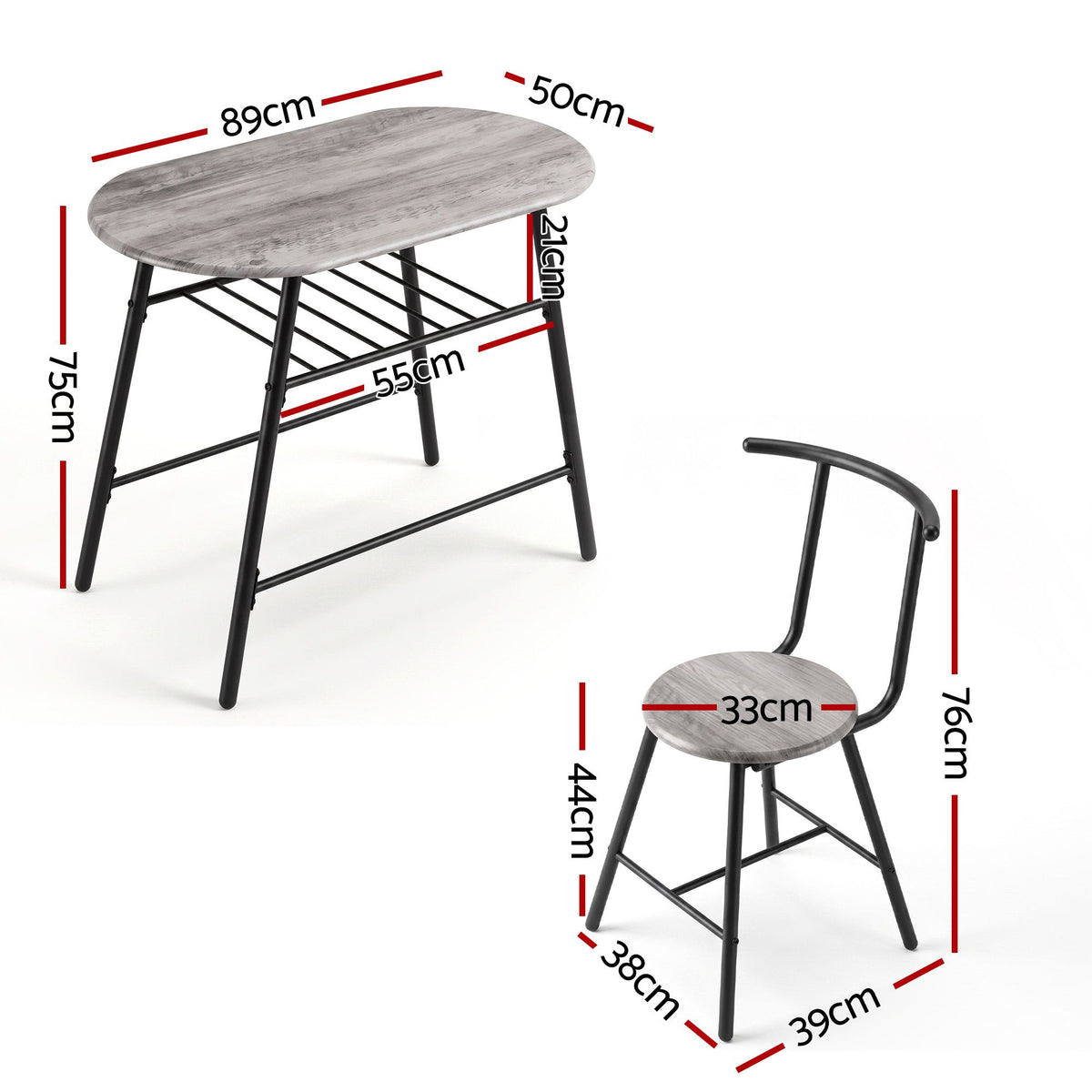 Artiss Oval Dining Table Set 3PC Space-Saving Bistro Kitchen Wine Rack Grey