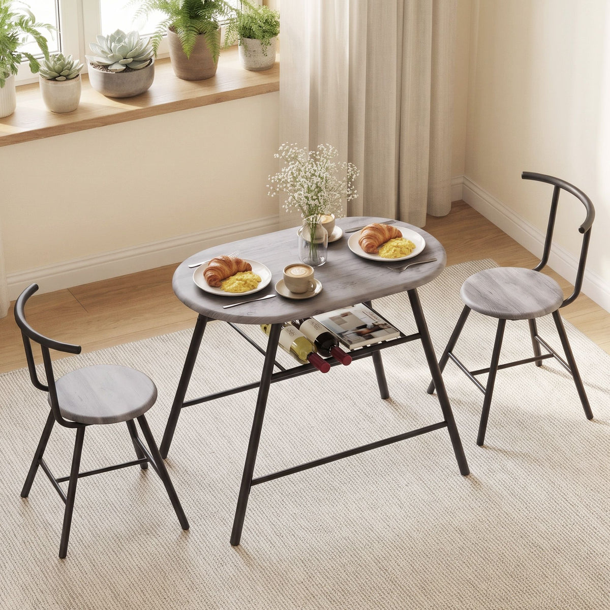 Artiss Oval Dining Table Set 3PC Space-Saving Bistro Kitchen Wine Rack Grey