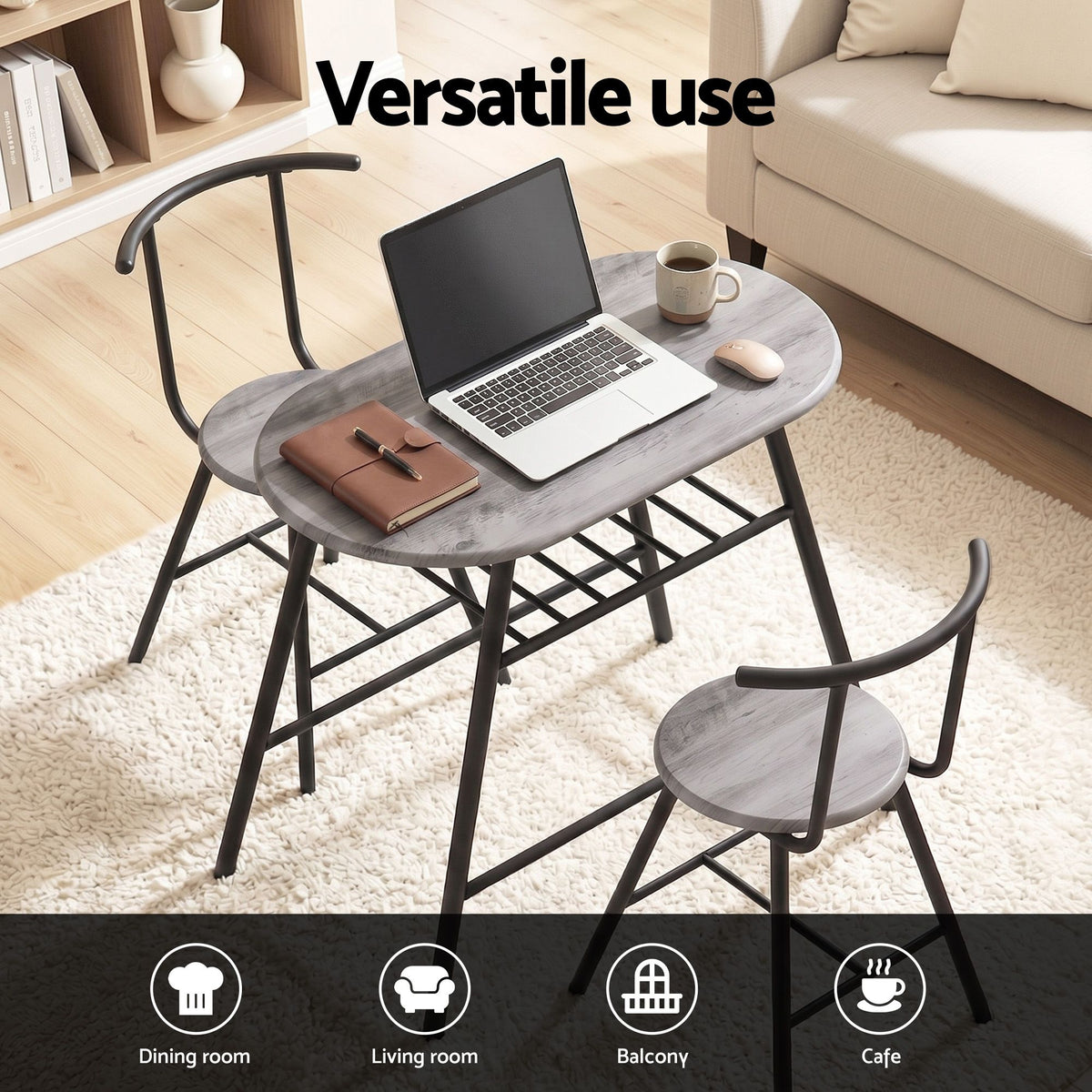 Artiss Oval Dining Table Set 3PC Space-Saving Bistro Kitchen Wine Rack Grey