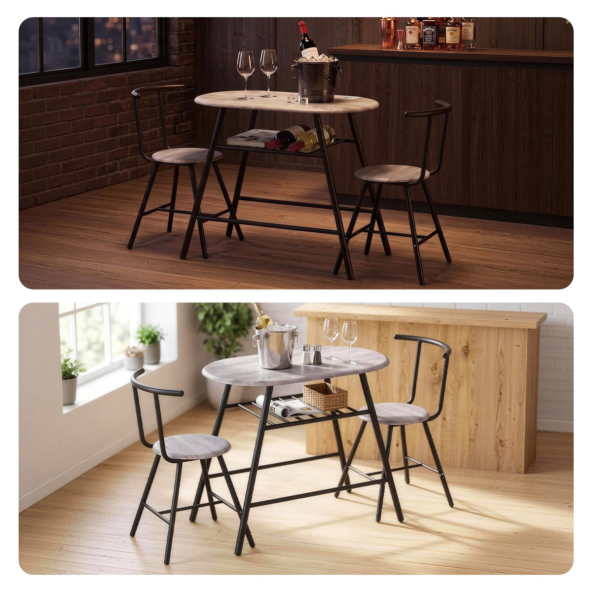 Artiss Oval Dining Table Set 3PC Space-Saving Bistro Kitchen Wine Rack Grey