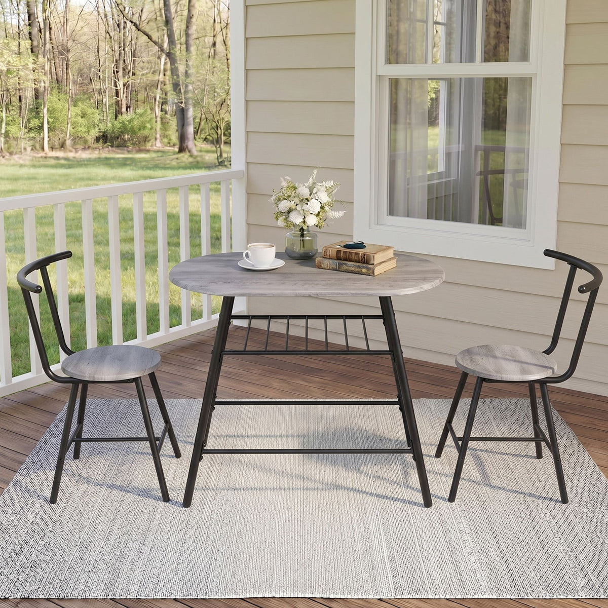 Artiss Oval Dining Table Set 3PC Space-Saving Bistro Kitchen Wine Rack Grey