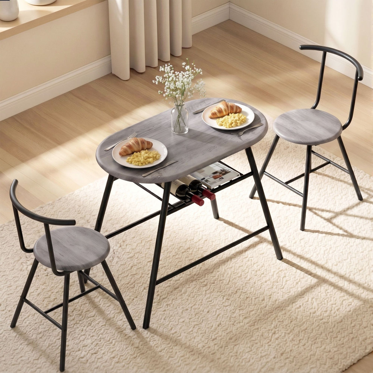 Artiss Oval Dining Table Set 3PC Space-Saving Bistro Kitchen Wine Rack Grey