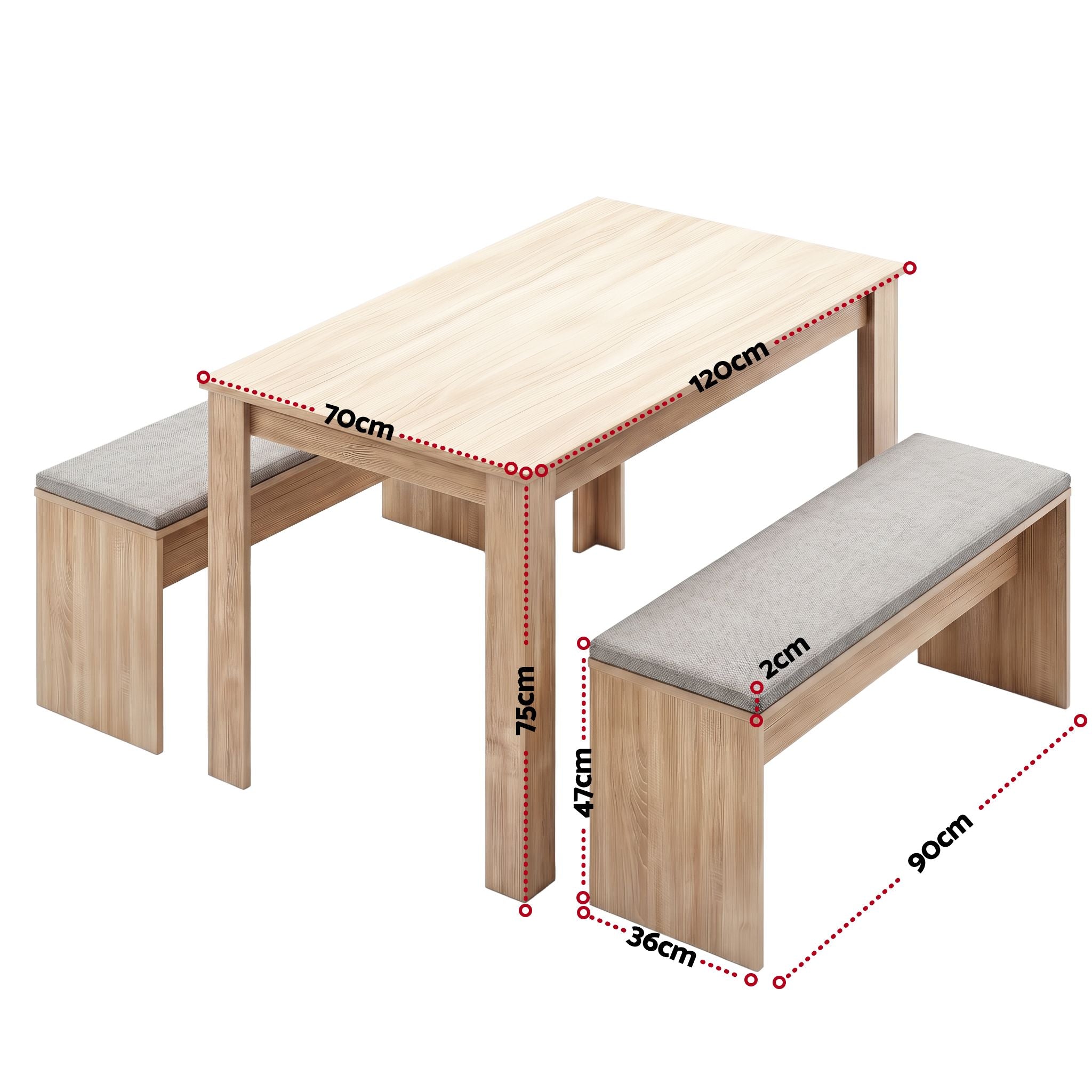 Artiss 3 Piece Dining Sets, 120cm Wooden Dining Table and 2 Upholstered Chairs Set Oak