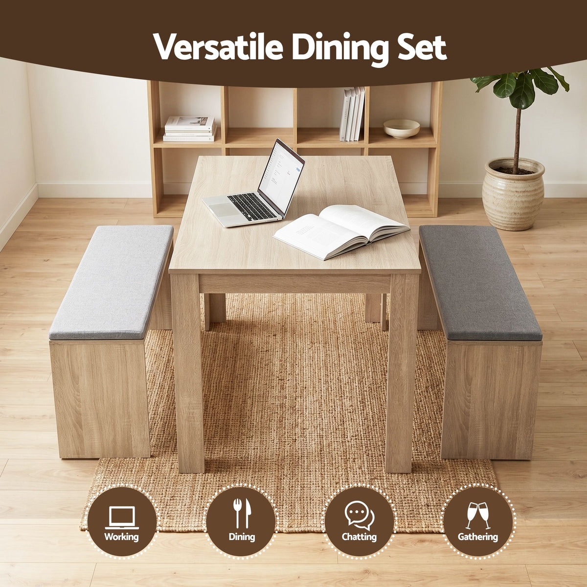 Artiss 3 Piece Dining Sets, 120cm Wooden Dining Table and 2 Upholstered Chairs Set Oak