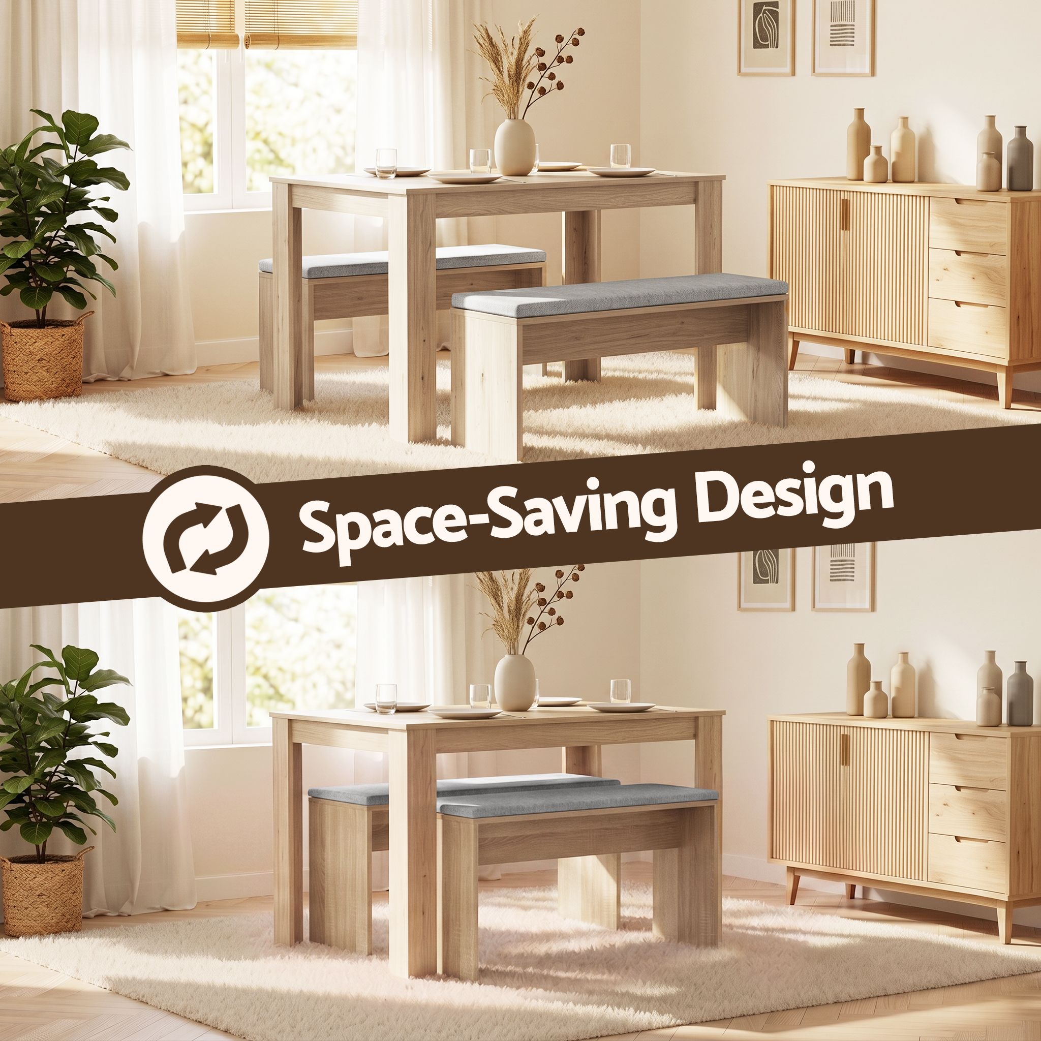 Artiss 3 Piece Dining Sets, 120cm Wooden Dining Table and 2 Upholstered Chairs Set Oak