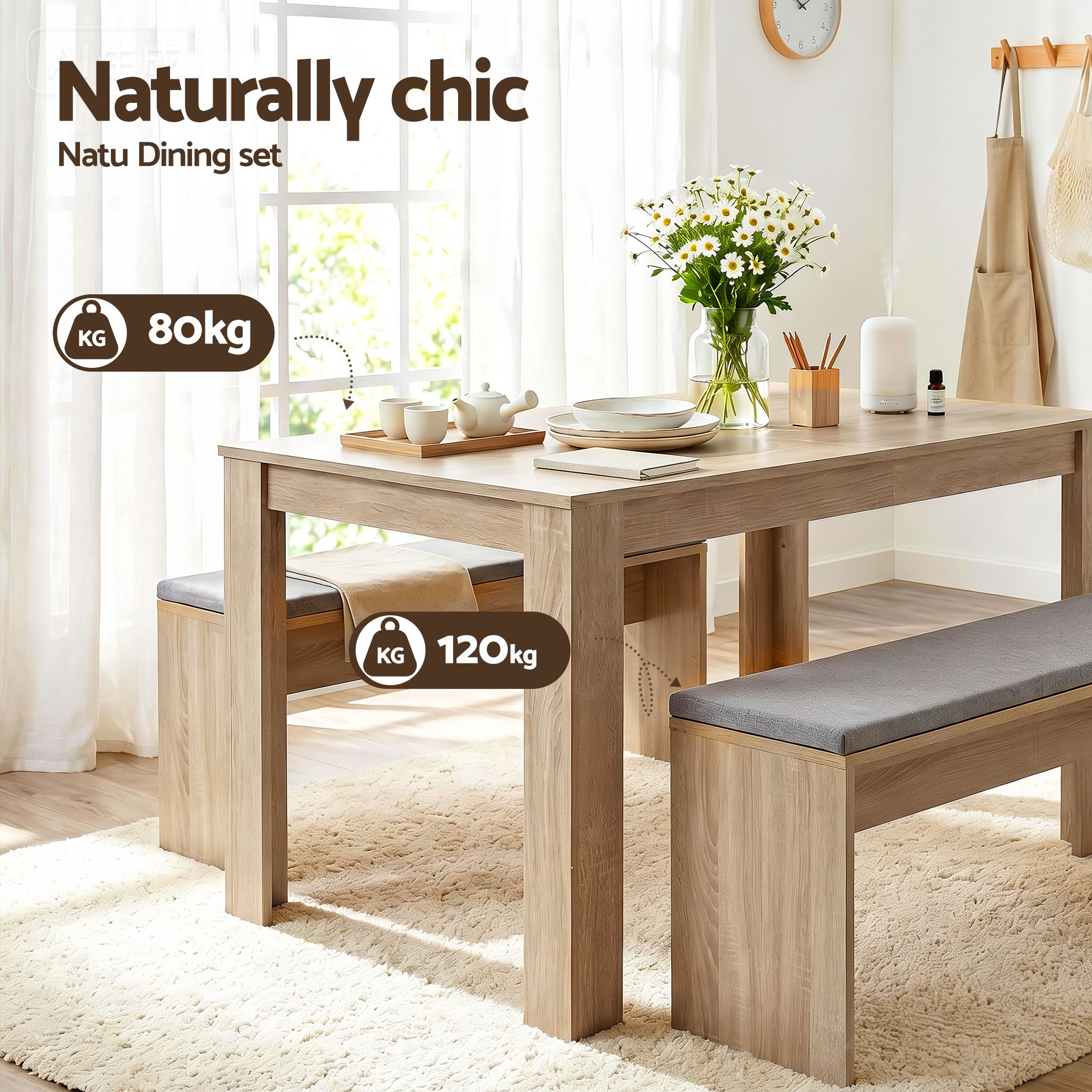 Artiss 3 Piece Dining Sets, 120cm Wooden Dining Table and 2 Upholstered Chairs Set Oak