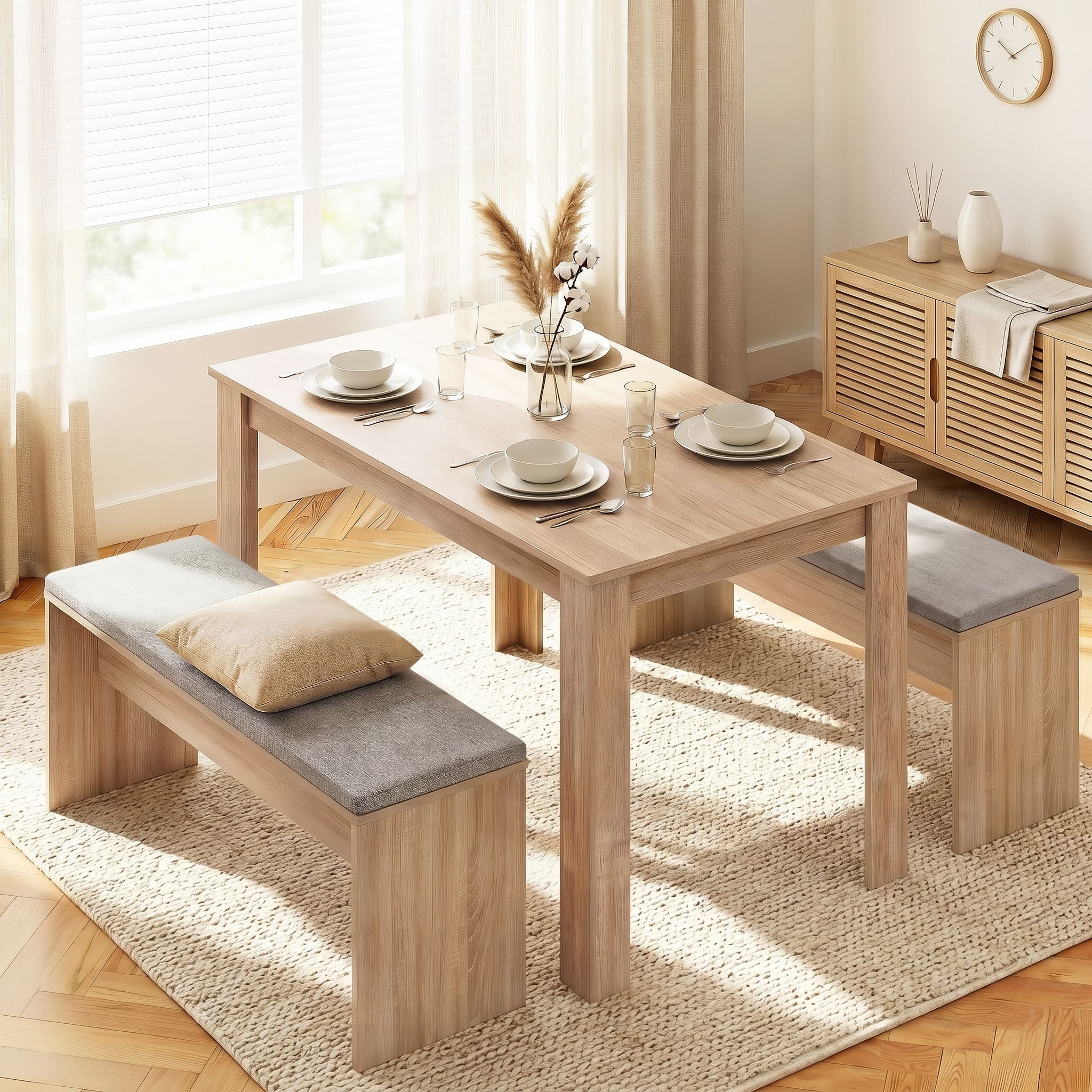 Artiss 3 Piece Dining Sets, 120cm Wooden Dining Table and 2 Upholstered Chairs Set Oak