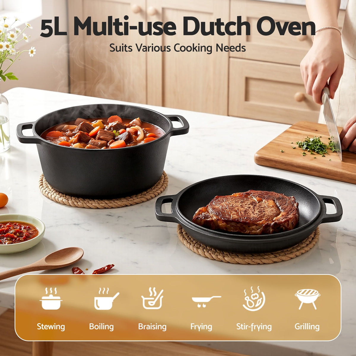 5-Star Chef 5L 2-In-1 Pre-Seasoned Cast Iron Dutch Oven Pot with Lid and Dual Handles for Sourdough Bread Baking