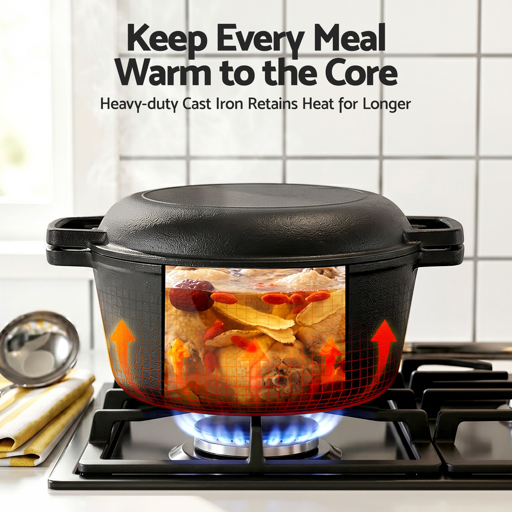 5-Star Chef 5L 2-In-1 Pre-Seasoned Cast Iron Dutch Oven Pot with Lid and Dual Handles for Sourdough Bread Baking