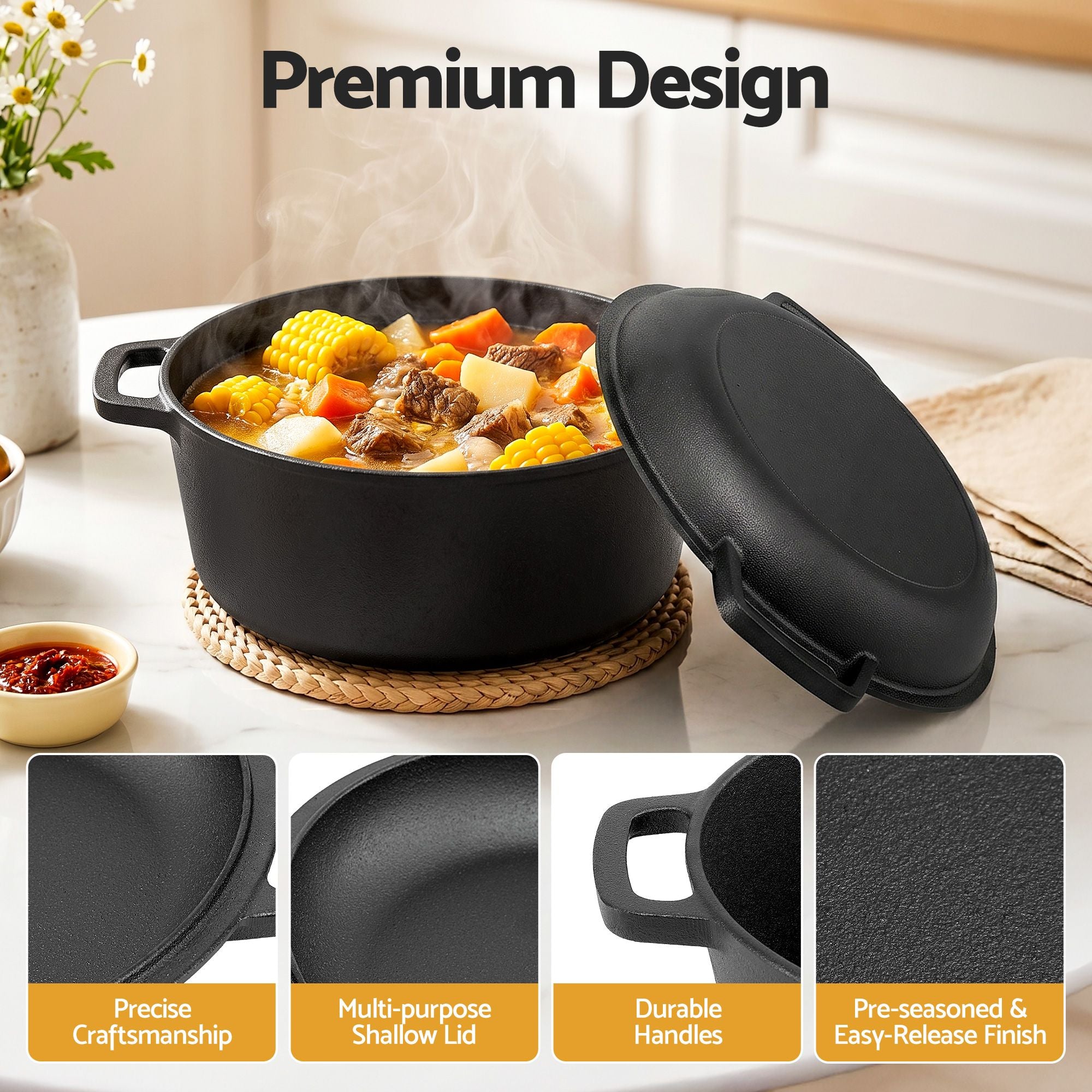 5-Star Chef 5L 2-In-1 Pre-Seasoned Cast Iron Dutch Oven Pot with Lid and Dual Handles for Sourdough Bread Baking