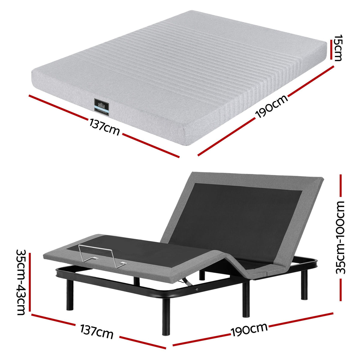 Artiss Double Bed Frame and Giselle Bedding Double Memory Foam Mattress Set, Electric Bed Base with Zero Gravity & 7 Zone Cooling Comfort, Black & Grey