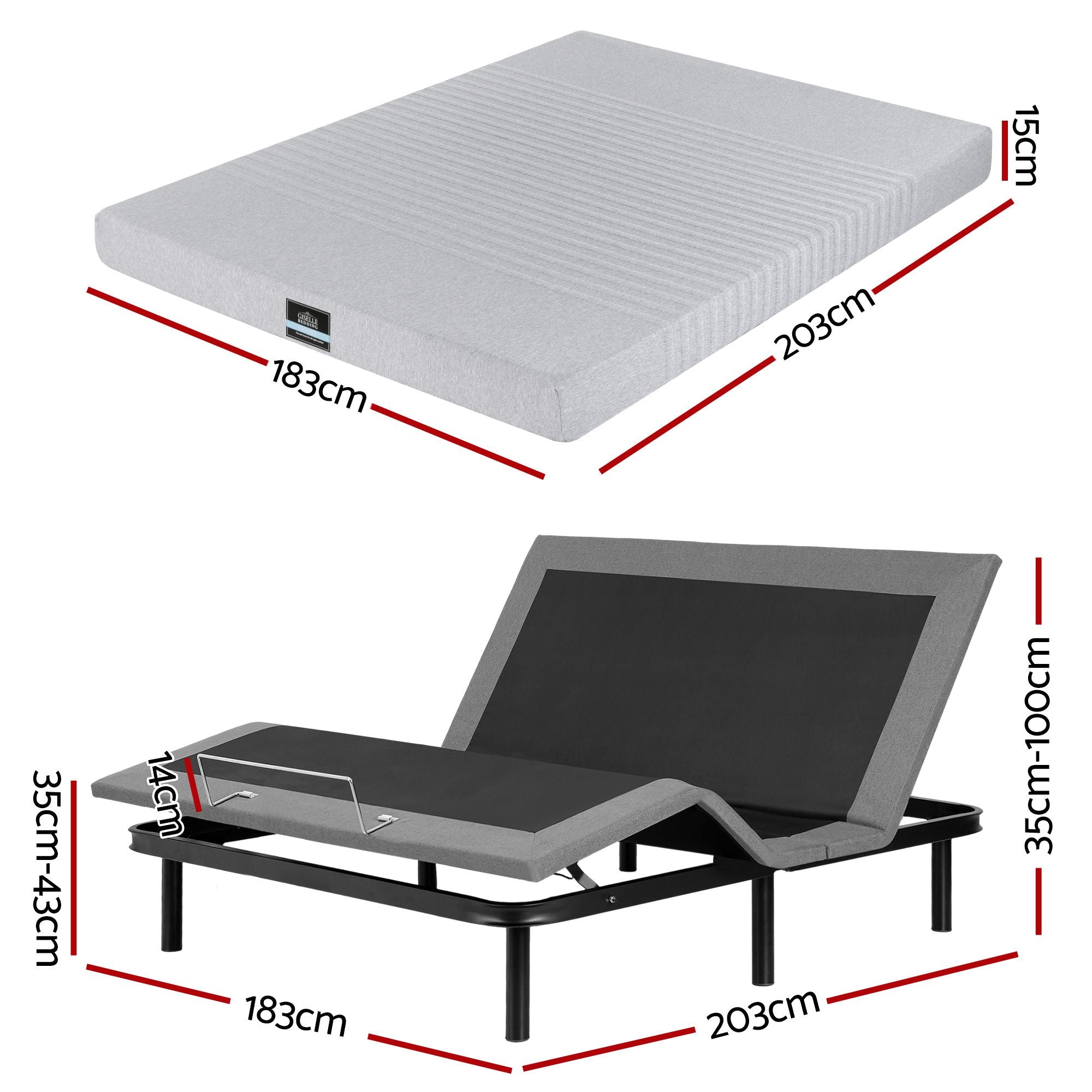 Artiss King Bed Frame and Giselle Bedding King Memory Foam Mattress Set, Electric Bed Base with Zero Gravity & 7 Zone Cooling Comfort, Black & Grey