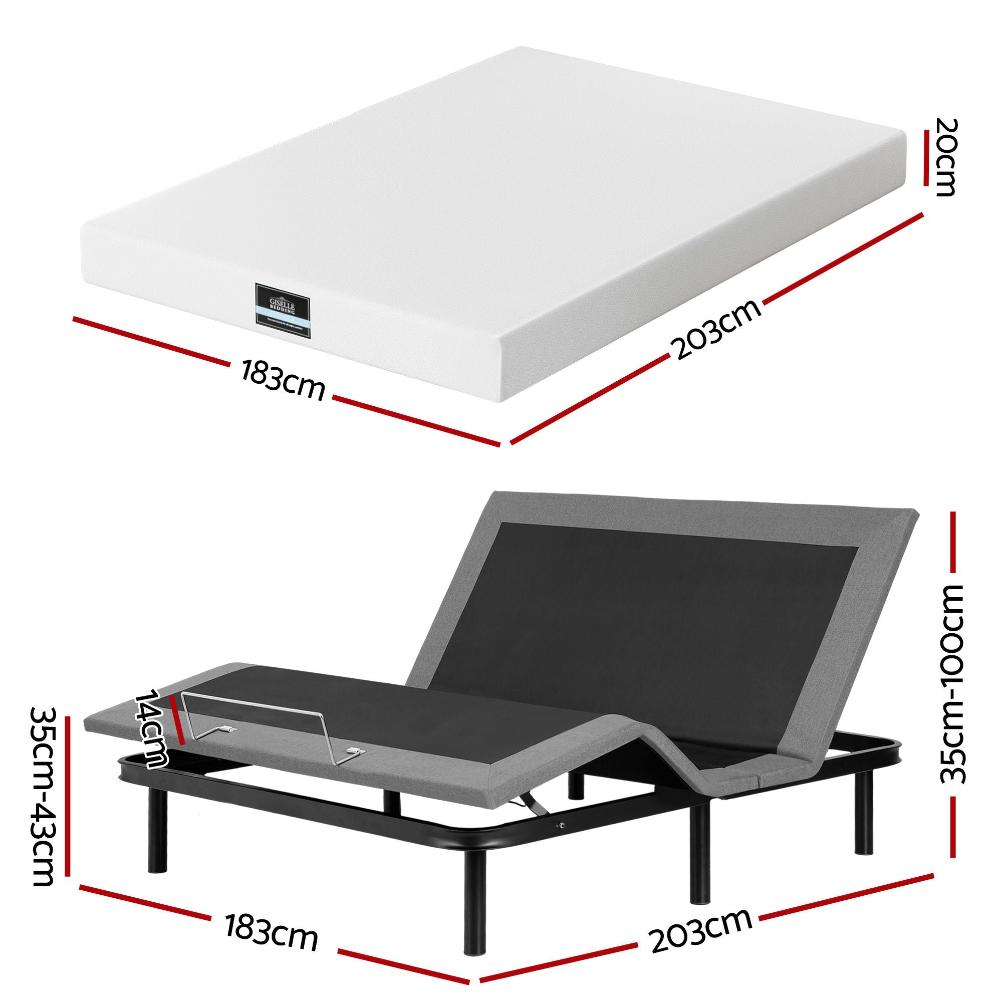 Artiss King size bed frame & Giselle Bedding King Mattress Combo, adjustable bed Base, Black