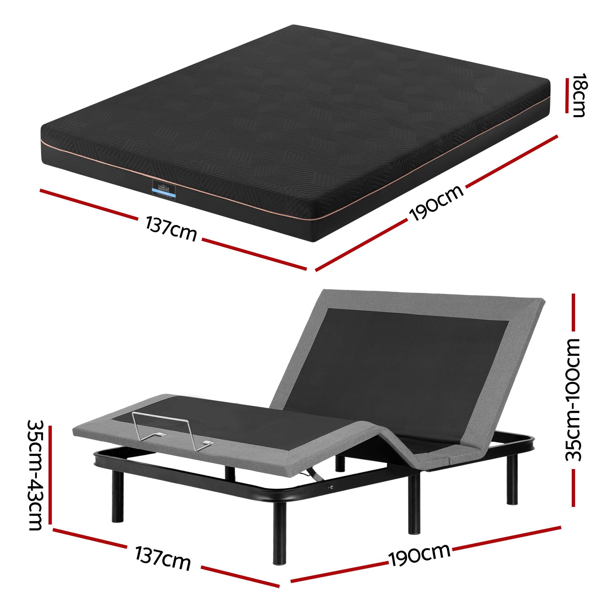 Artiss Double size bed frame with Giselle Bedding Double Mattress, adjustable bed Base Combo, Black