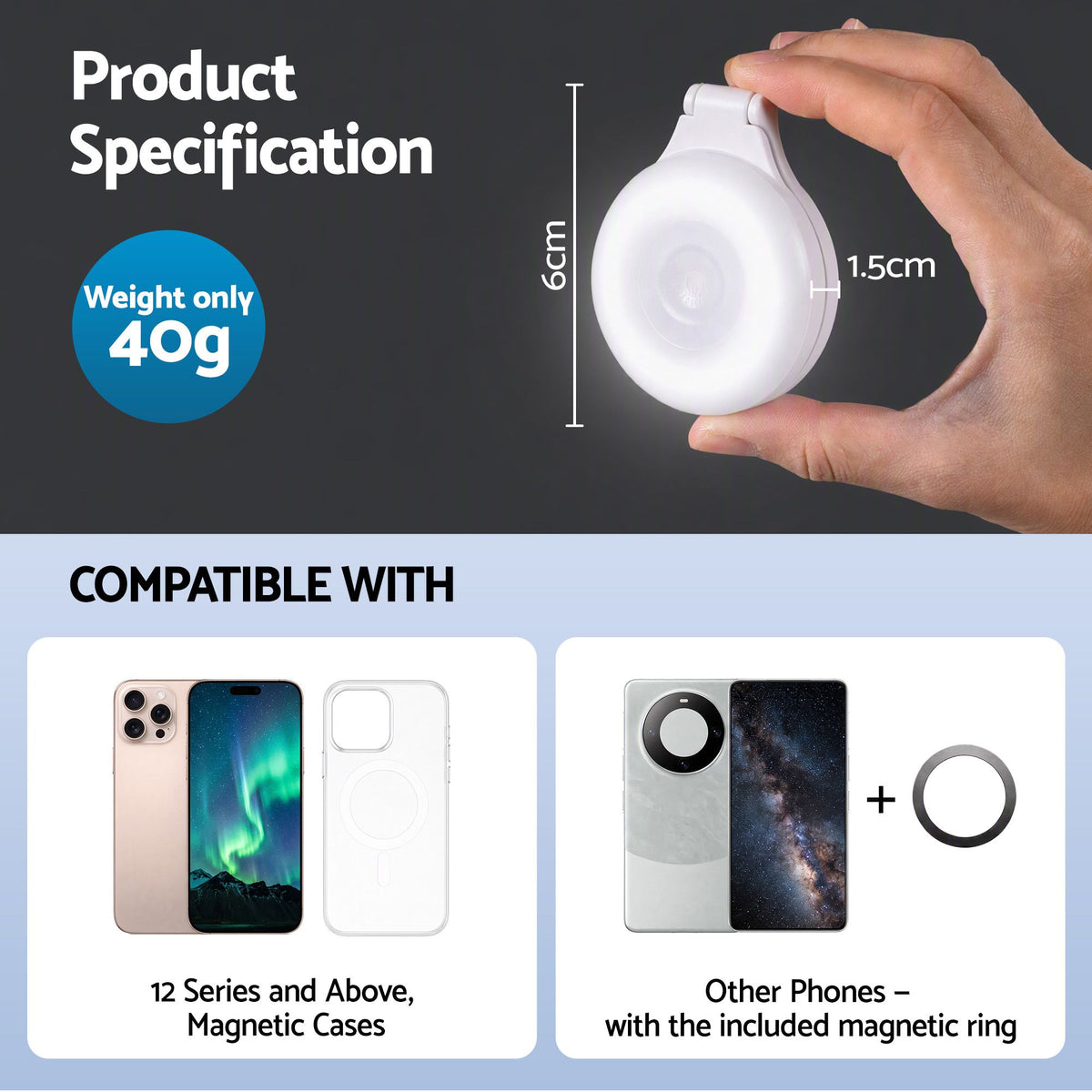 Devanti Magnetic Selfie Light Foldable LED Ring CRI95 300mAh White