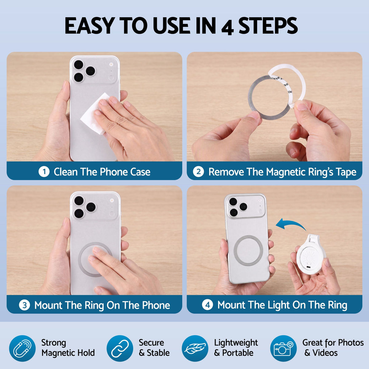Devanti Magnetic Selfie Light Foldable LED Ring CRI95 300mAh White