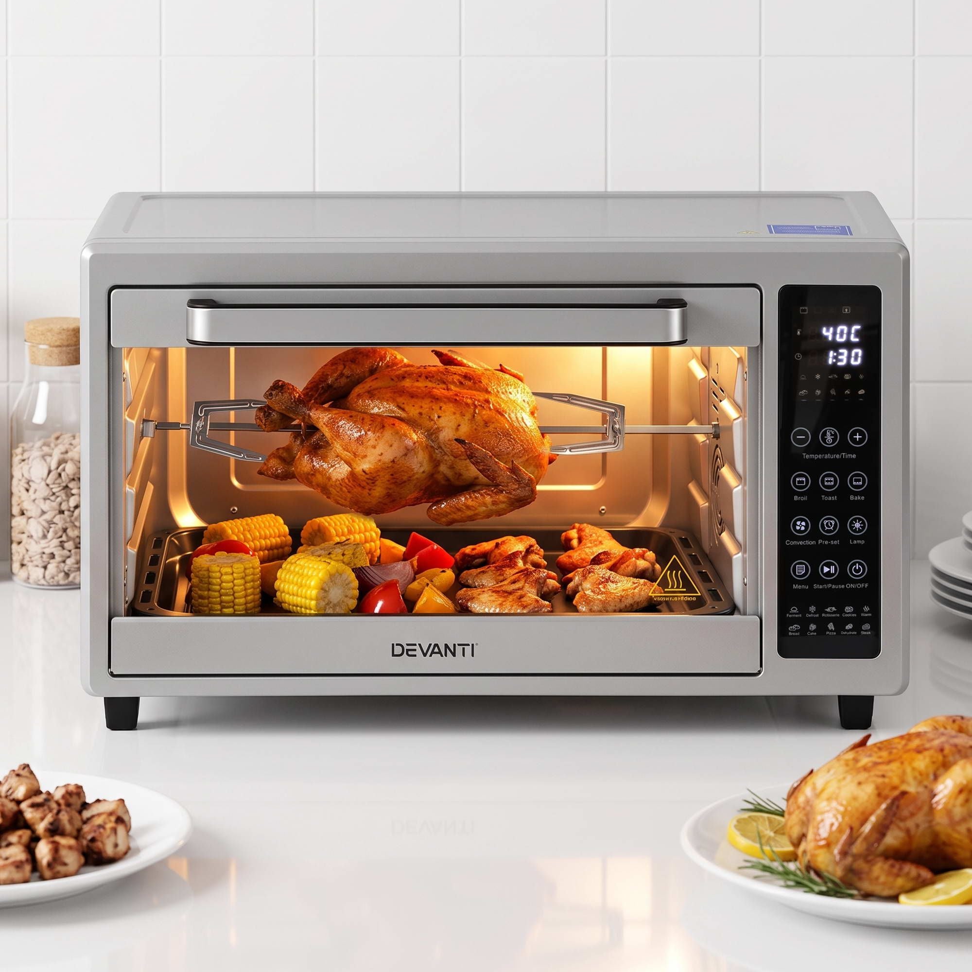 Convection Oven Electric Fryer Bake Grill Ovens Benchtop 48L 2000W Silver