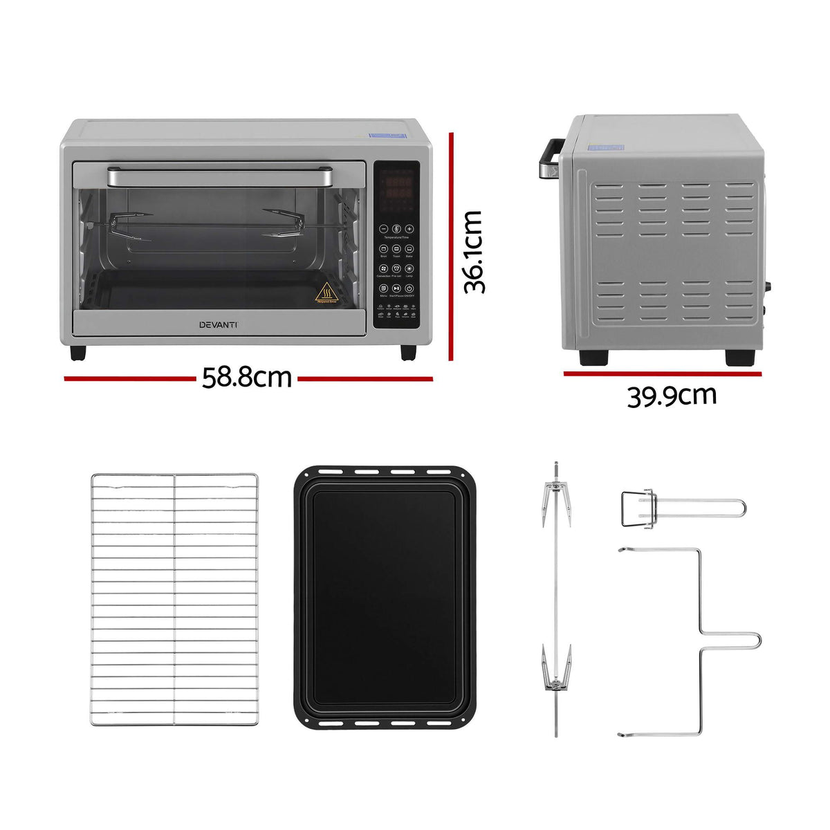 Convection Oven Electric Fryer Bake Grill Ovens Benchtop 48L 2000W Silver
