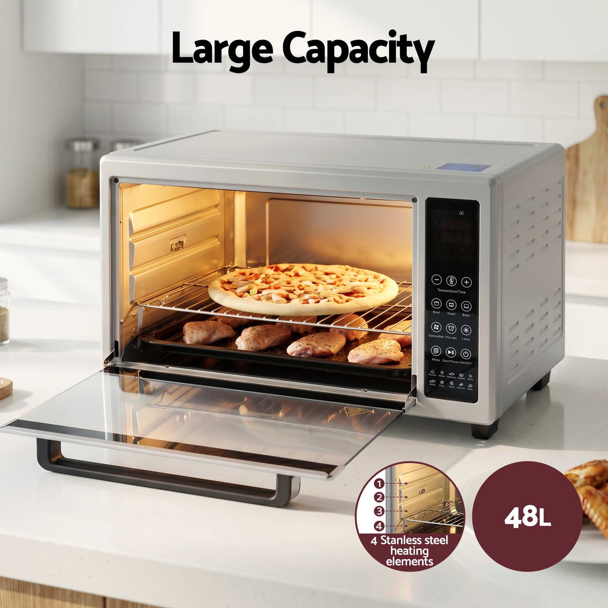 Convection Oven Electric Fryer Bake Grill Ovens Benchtop 48L 2000W Silver