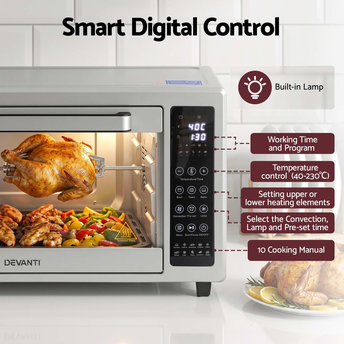 Convection Oven Electric Fryer Bake Grill Ovens Benchtop 48L 2000W Silver