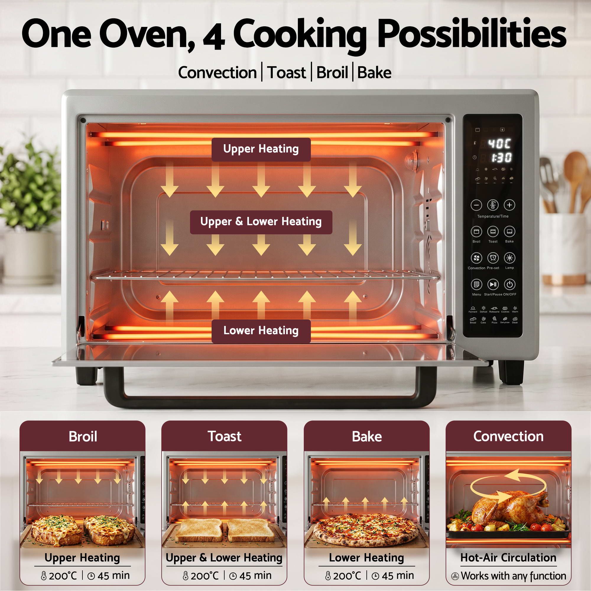Convection Oven Electric Fryer Bake Grill Ovens Benchtop 48L 2000W Silver