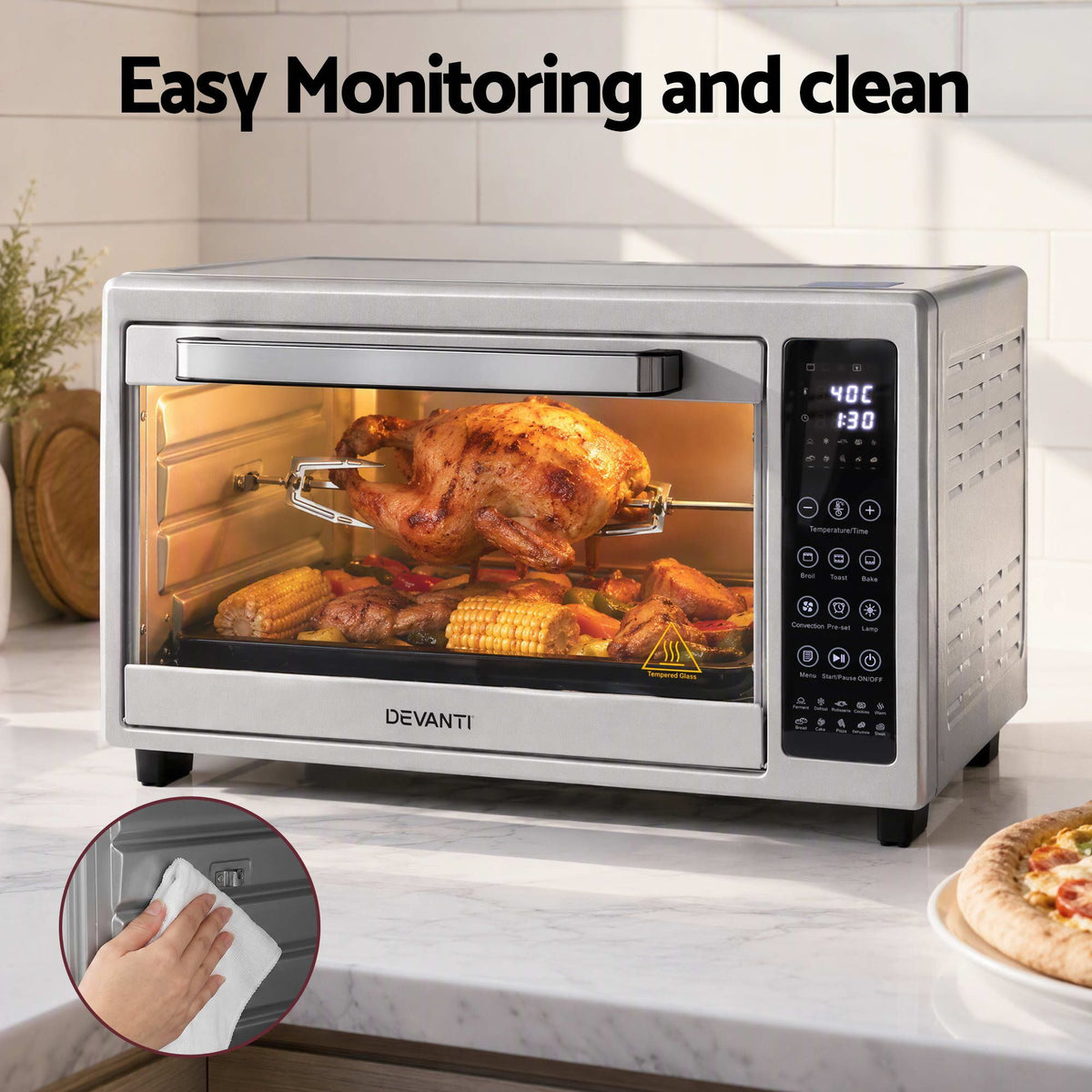 Convection Oven Electric Fryer Bake Grill Ovens Benchtop 48L 2000W Silver