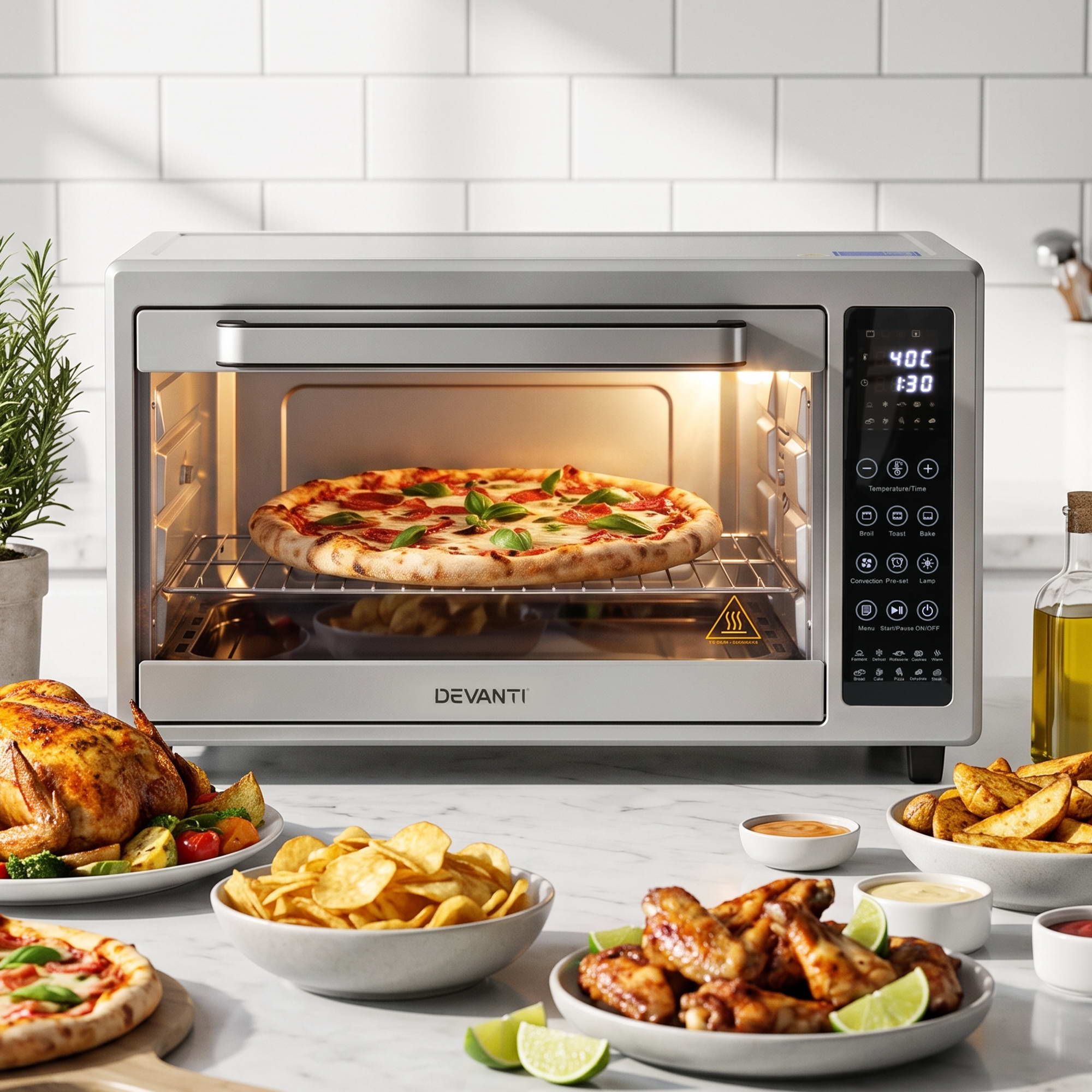 Convection Oven Electric Fryer Bake Grill Ovens Benchtop 48L 2000W Silver