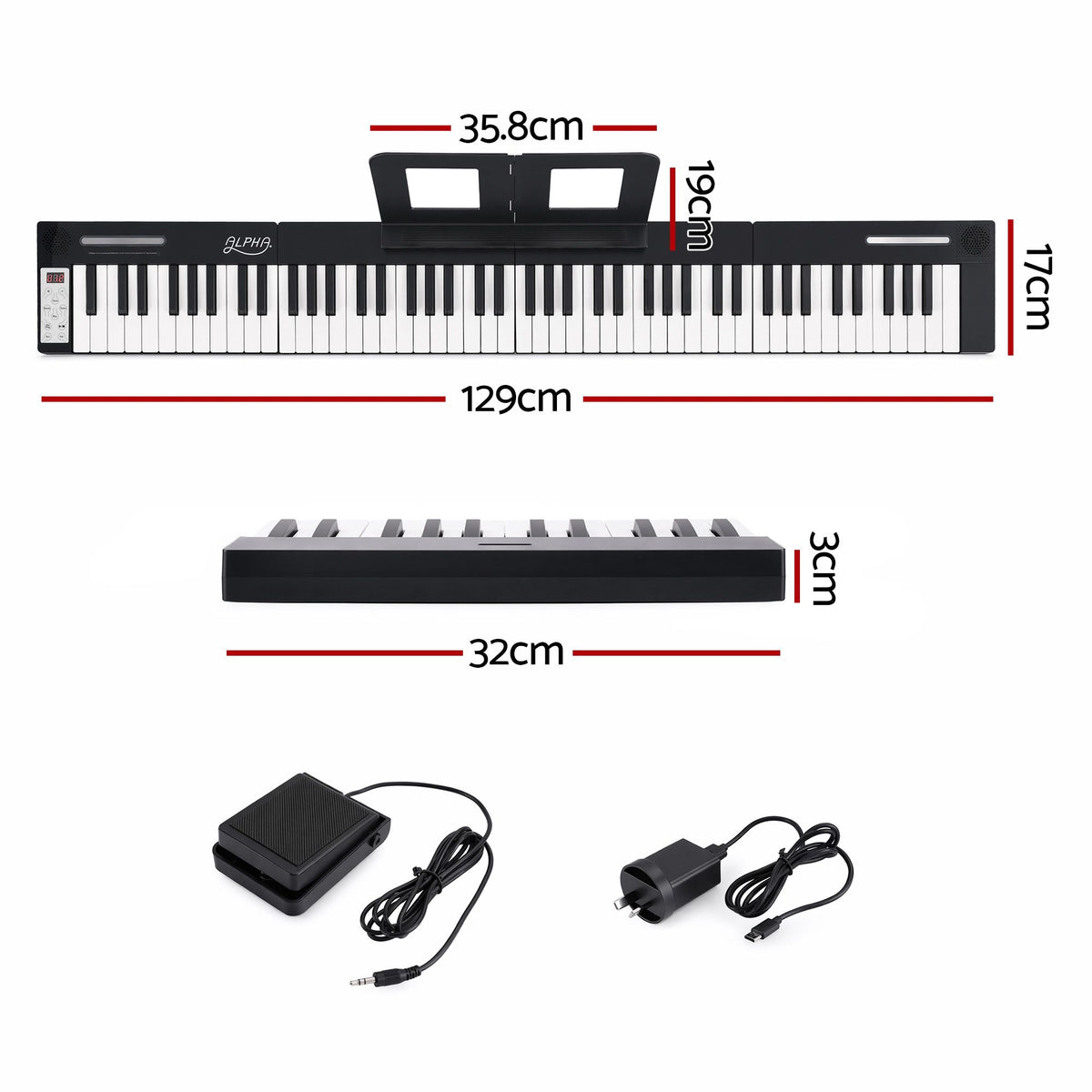 Alpha 88 Key Folding Electronic Keyboard Digital Piano Portable MIDI Black