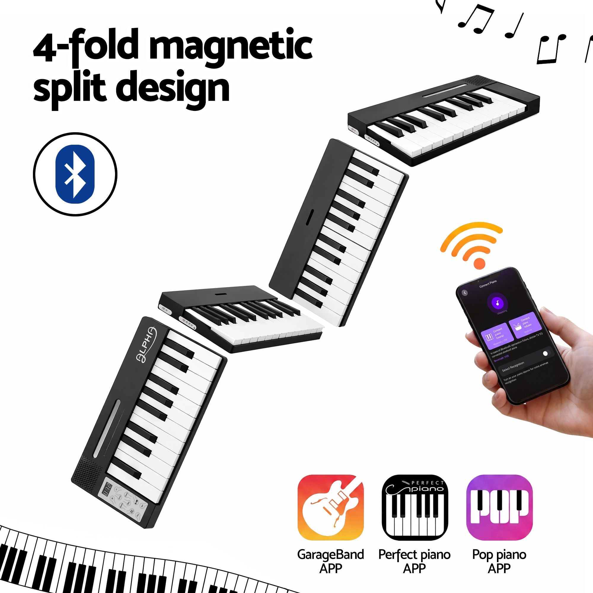 Alpha 88 Key Folding Electronic Keyboard Digital Piano Portable MIDI Black